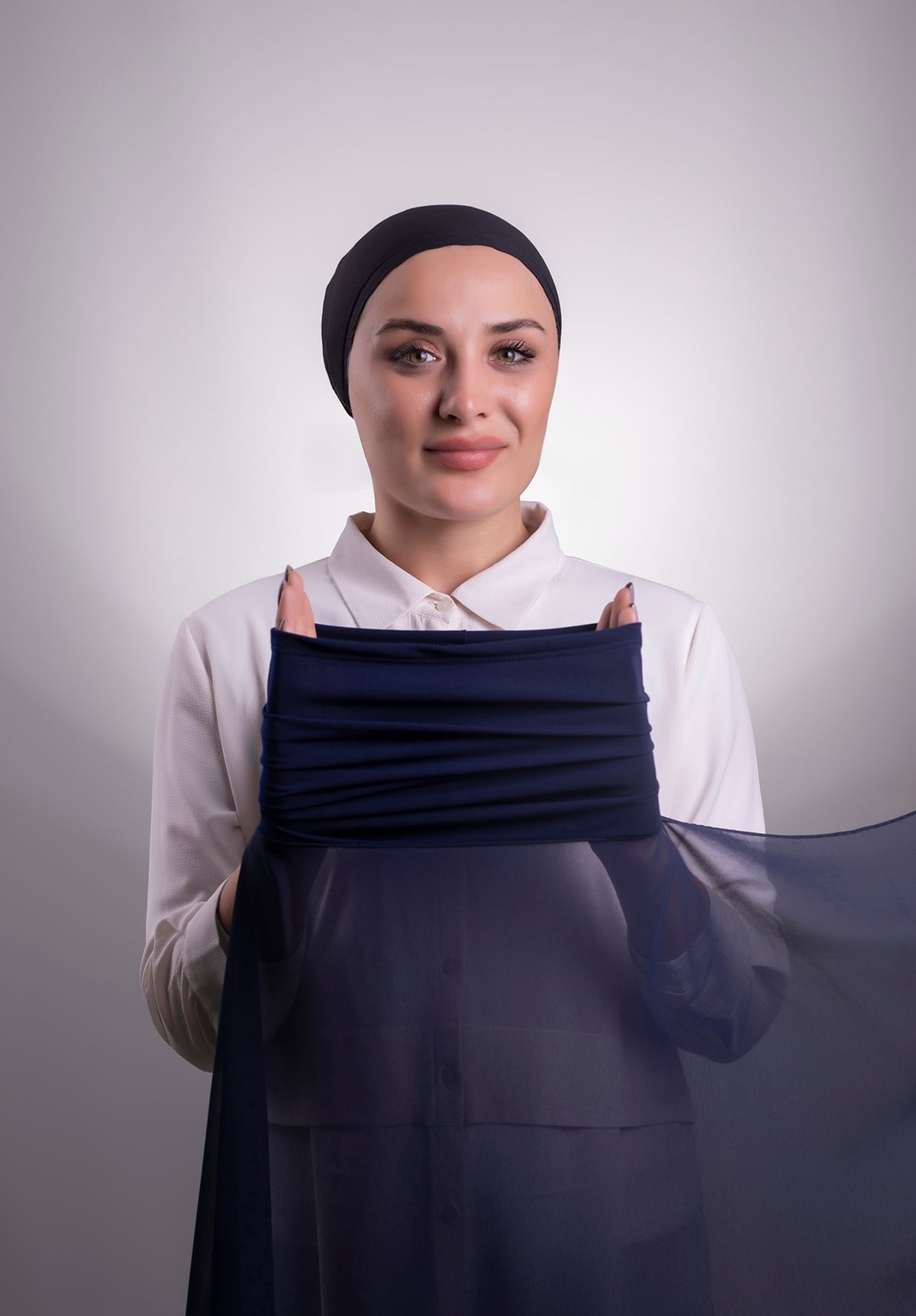 Lacivert Pratik Hazır Geçmeli Şal Şifon Boru Boneli - Halven 3001