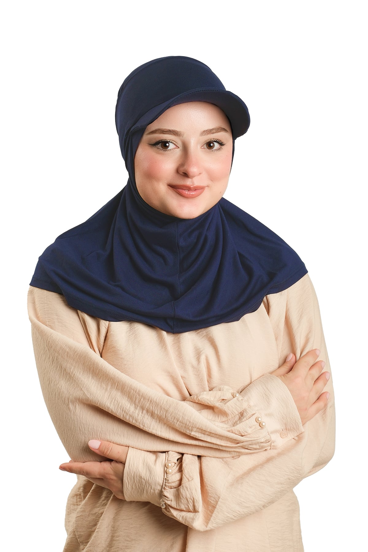 Lacivert Pratik Hazır Geçmeli Şapkalı Tesettür Eşarp Viskon Düz - Hürrem Bone 2513_02