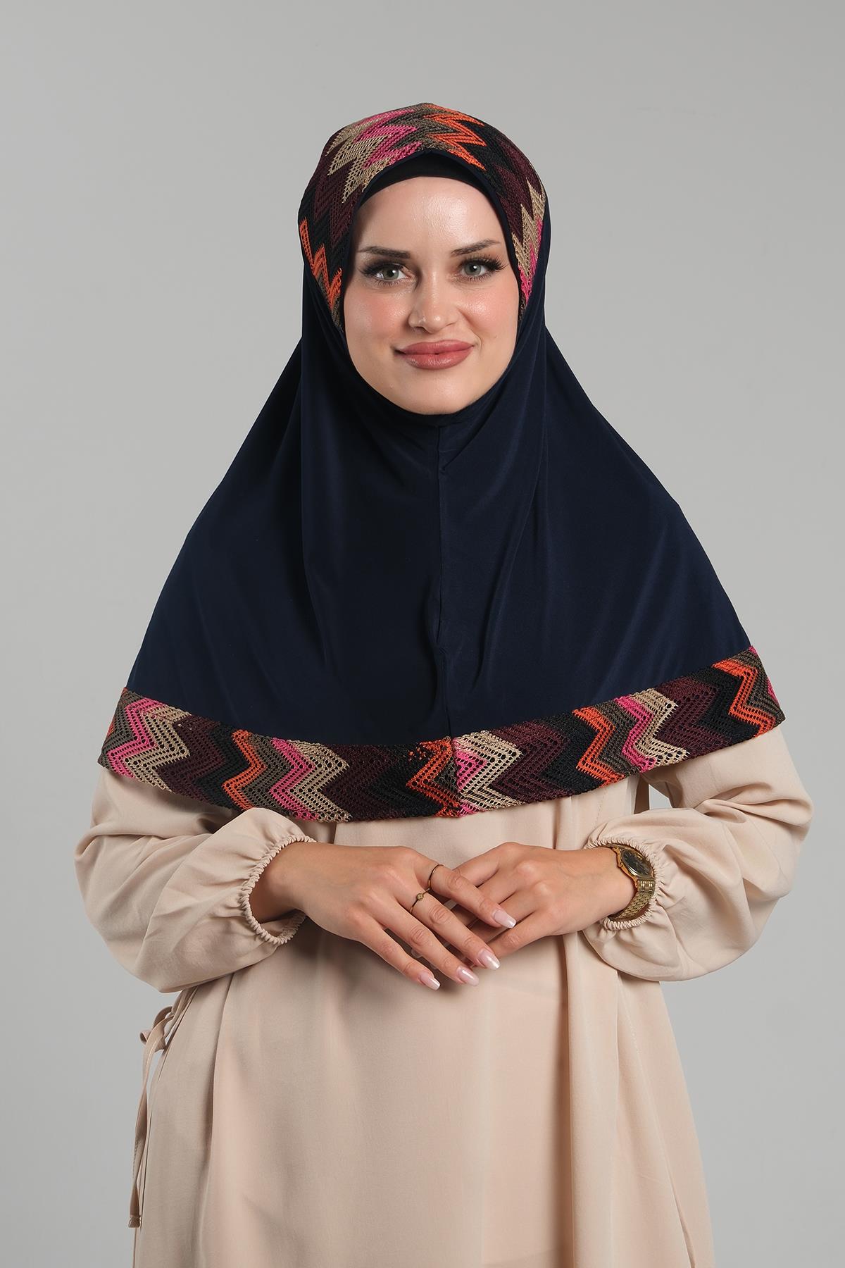 Lacivert Pratik Hazır Geçmeli Tesettür Eşarp Sandy Renkli Desenli Fileli - Hürrem Bone 2401_02