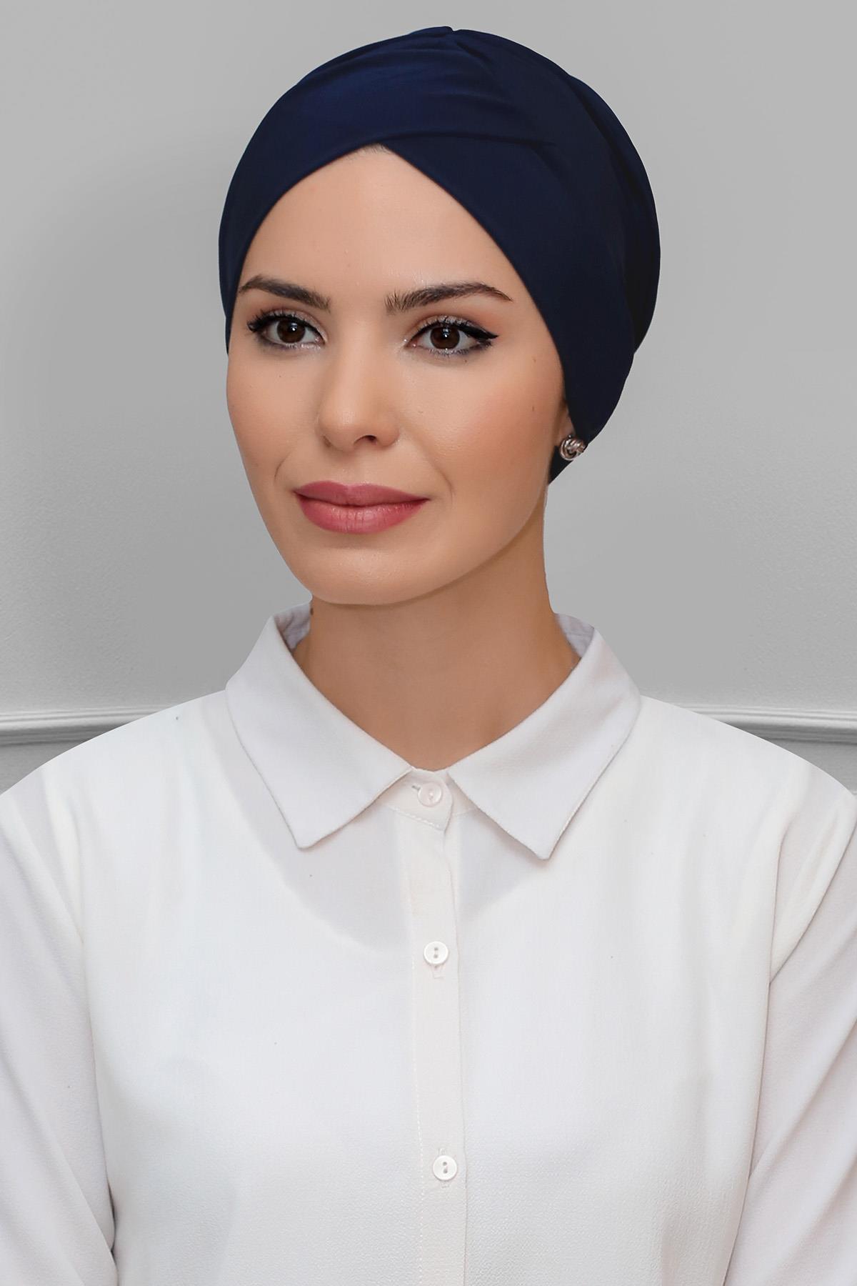 Lacivert Pratik Hazır Geçmeli Tesettür Bone Sandy Kumaş Çapraz Büzgülü - Hürrem Bone 1801_02