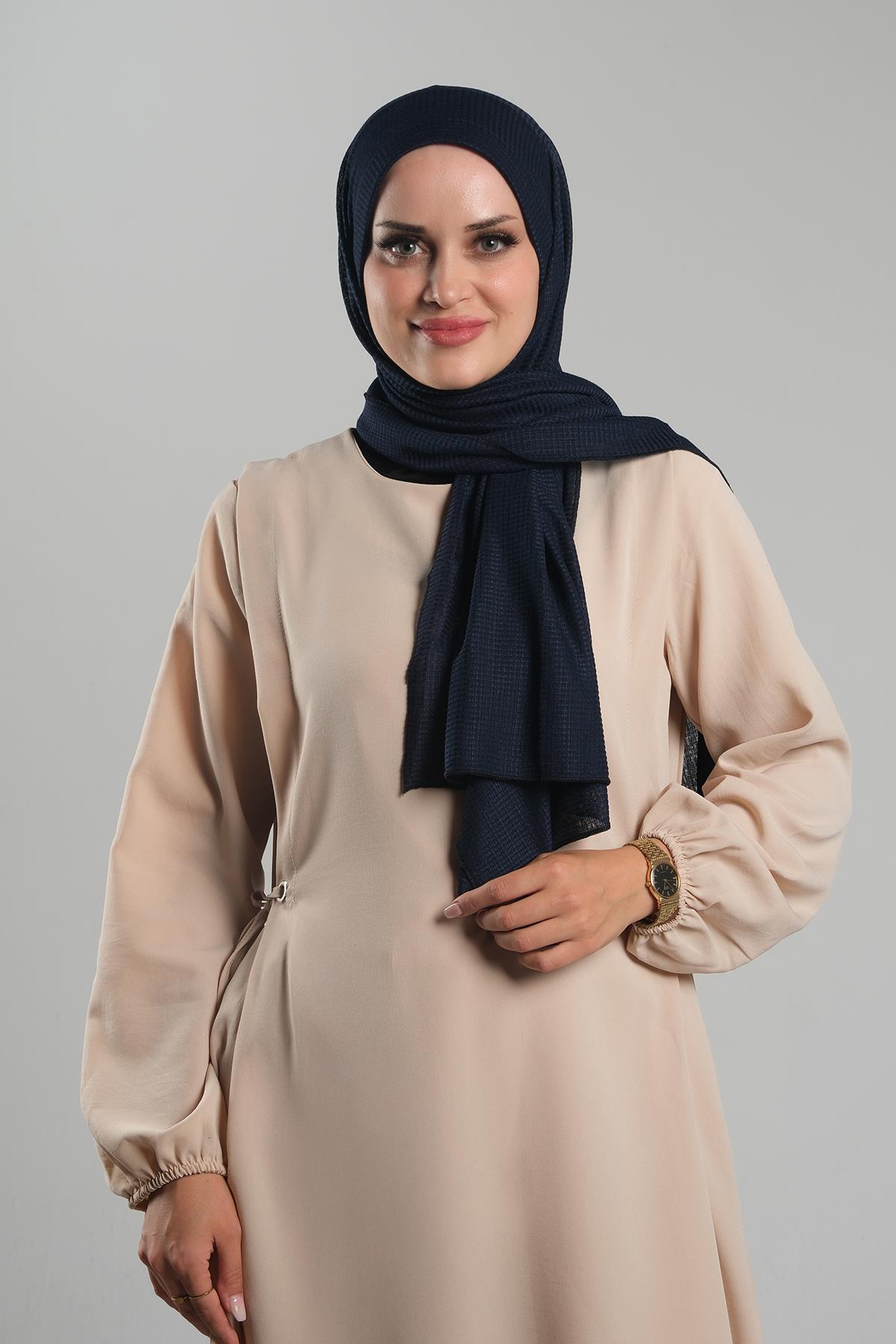 Lacivert Pratik Hazır Geçmeli Tesettür Şal Örme Kumaş Sade - Hürrem Bone 2118_02