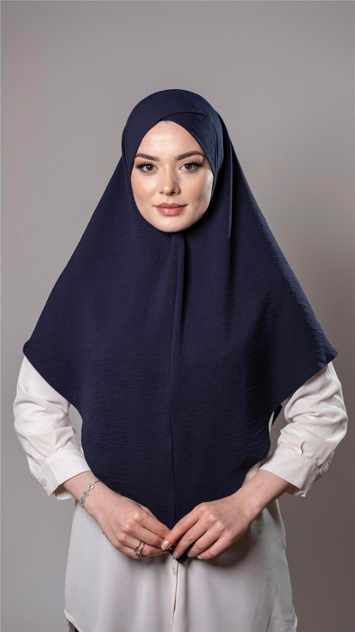 Lacivert Pratik Hazır Geçmeli Tesettür Eşarp Aerobin Kumaş  Çapraz Hijab - Hürrem Bone 2307_02