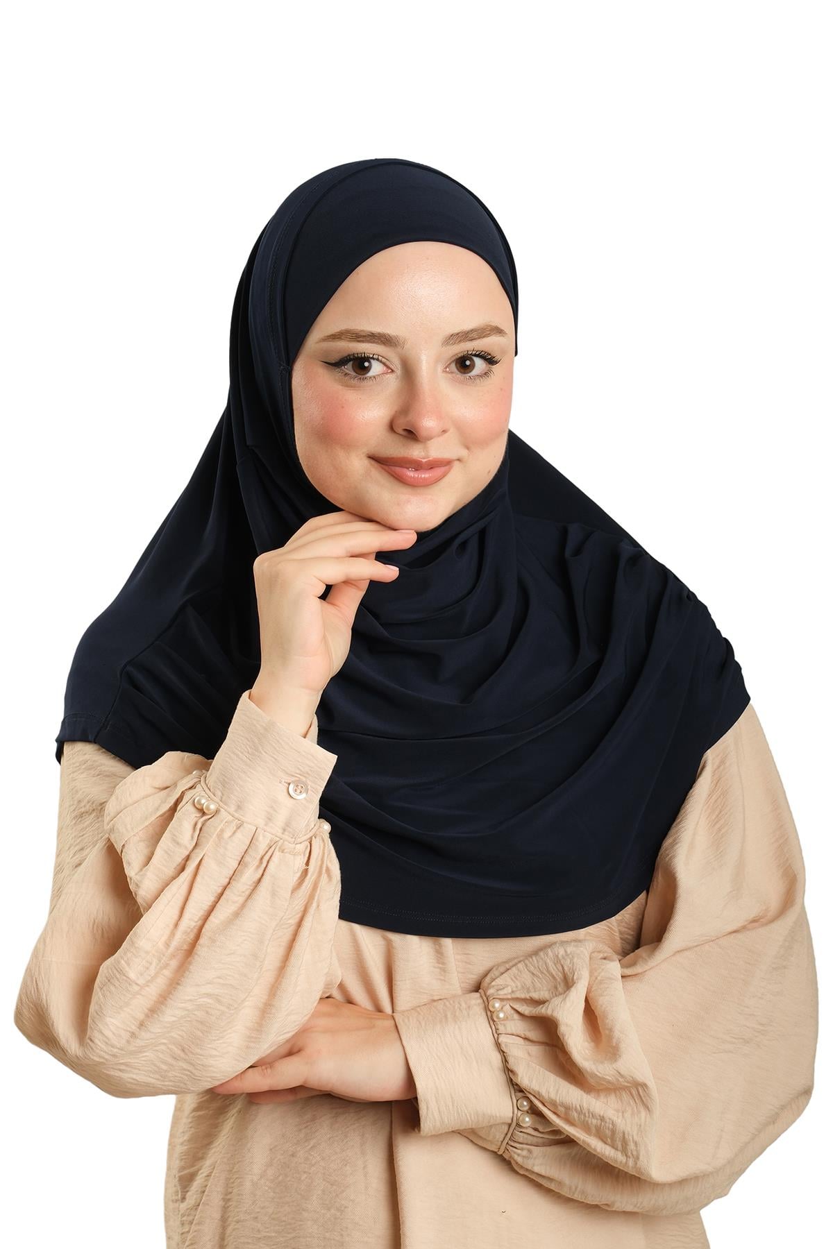 Lacivert Pratik Hazır Geçmeli Tesettür Eşarp Sandy Kumaş Kendinden Boneli - Hürrem Bone 1290_02