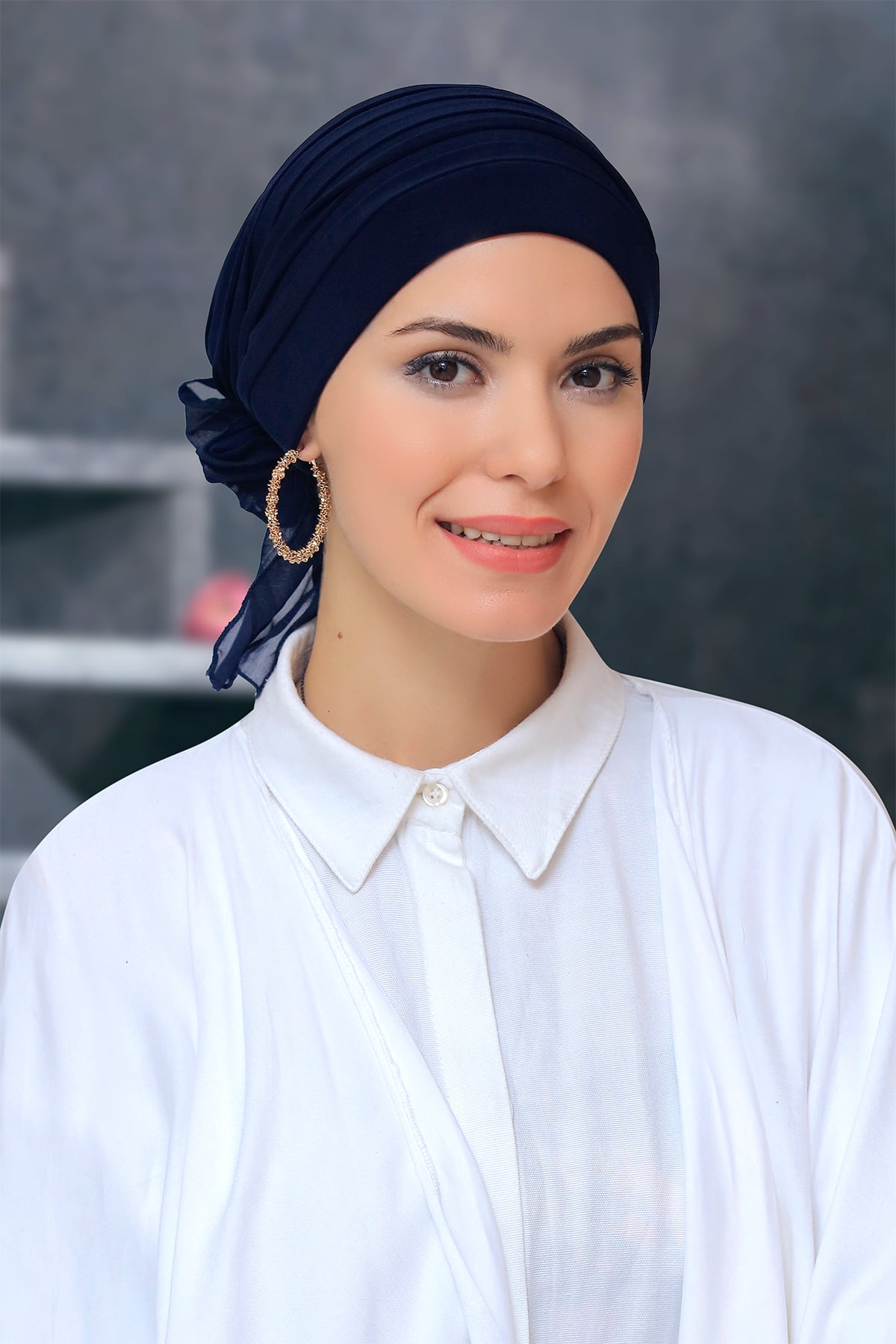 Lacivert Pratik Hazır Geçmeli Tesettür Bone Sandy Kumaş Pileli Nervürlü Güllü - Hürrem 1806