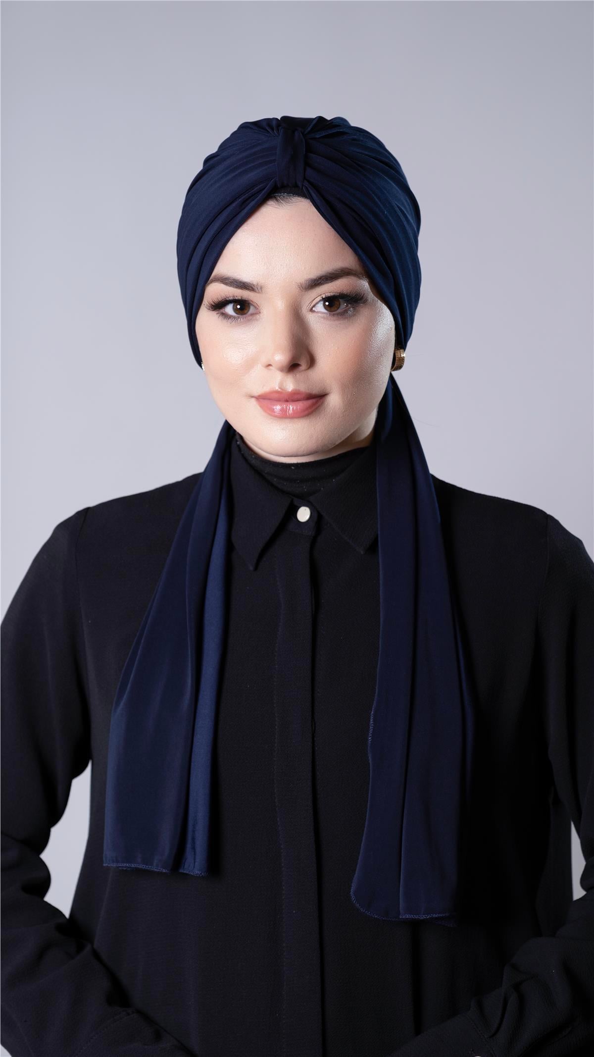 Lacivert Pratik Hazır Geçmeli Tesettür Bone Sandy Kumaş Atkılı  - Hürrem Bone 2204_02