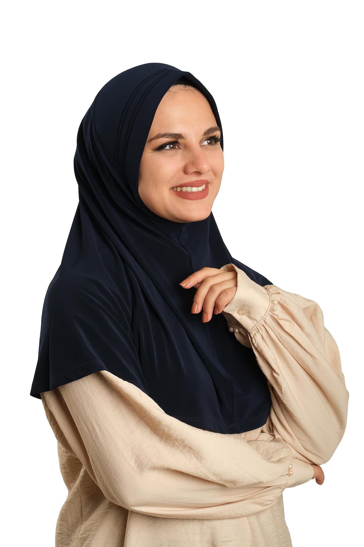 Lacivert Pratik Hazır Geçmeli Tesettür Eşarp Sandy Kumaş Sade - Hürrem Bone 1600_02