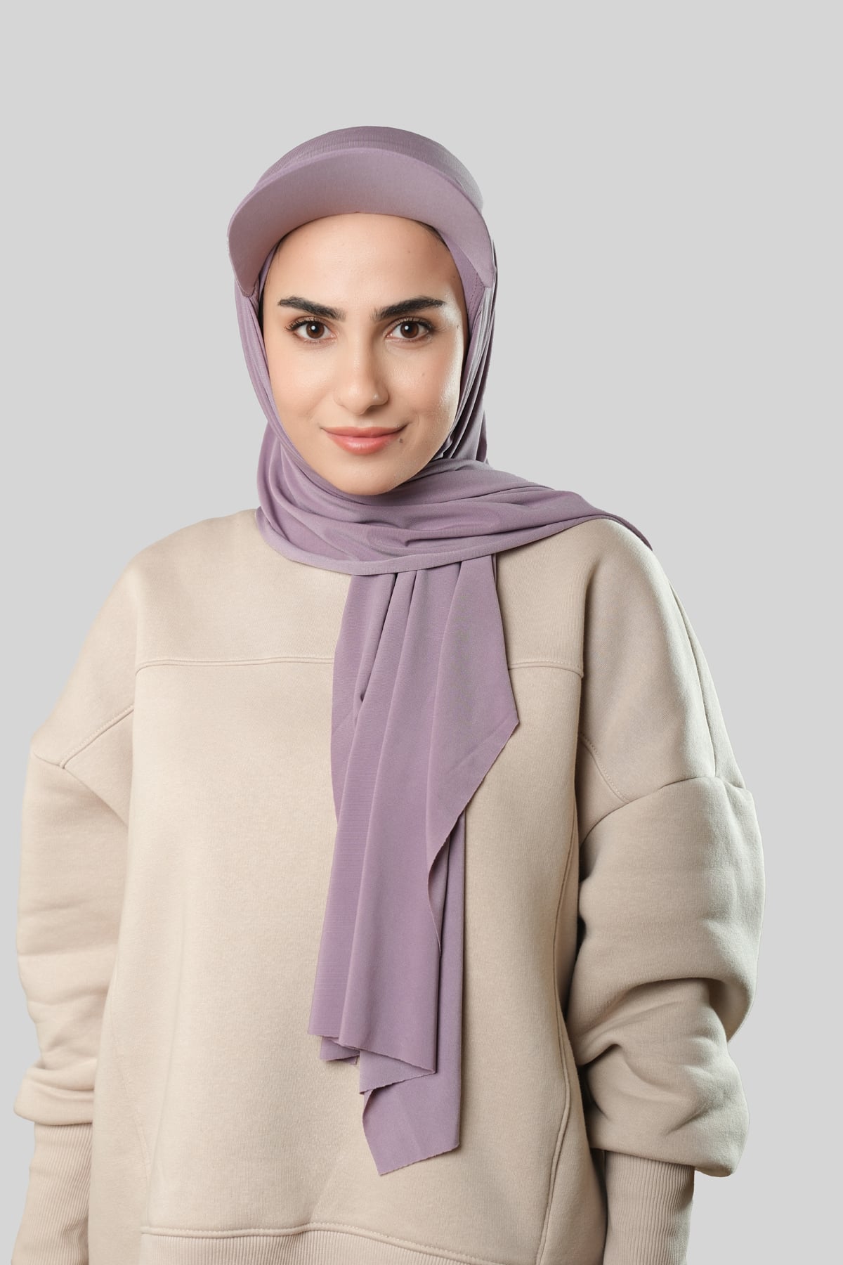 Lila Pratik Hazır Geçmeli Şapkalı Tesettür Şal Sandy Düz - Hürrem Bone 3008_28