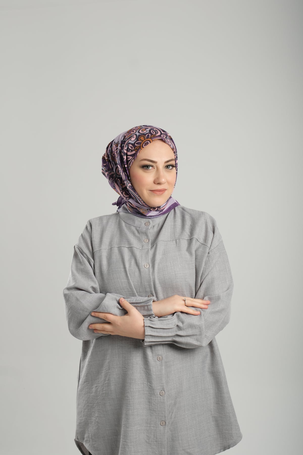 Mor Desenli Eşarp Kesik Elyaf Pamuksu Etnik Dijital Baskılı - Hürrem Bone 202207_22