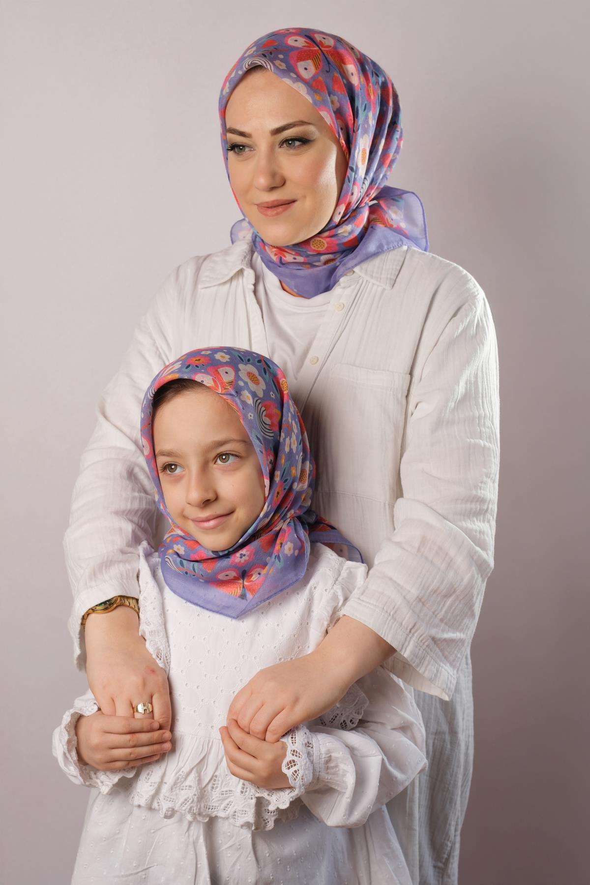 Mor Dijital Baskılı Anne Kız Kombin Tesettür Eşarp Pamuk Polyester Kelebek Desenli - Hürrem Bone 6004_22
