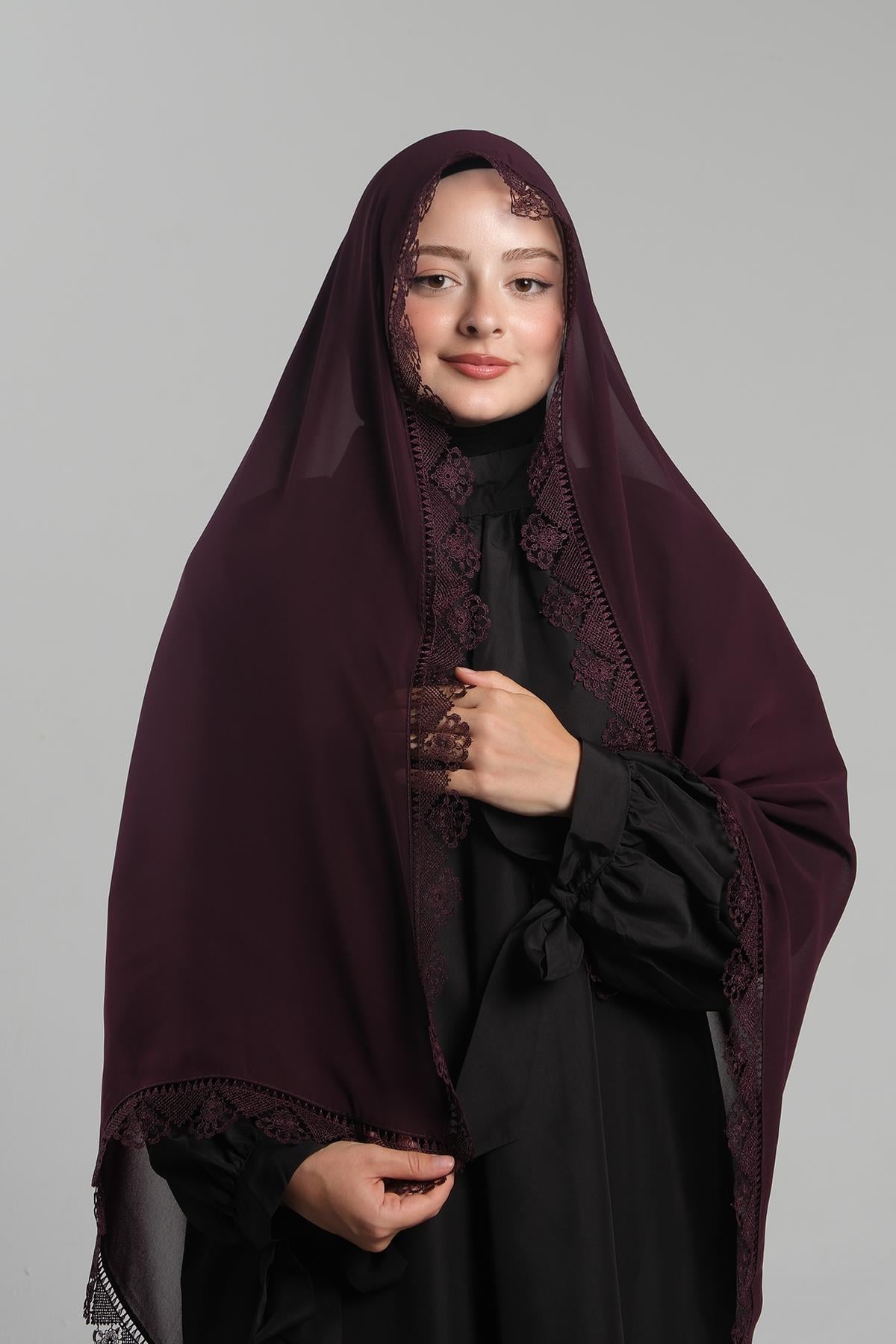 Mürdüm Namaz Başörtüsü Şal Şifon Güpürlü - Hürrem Bone 202106_07