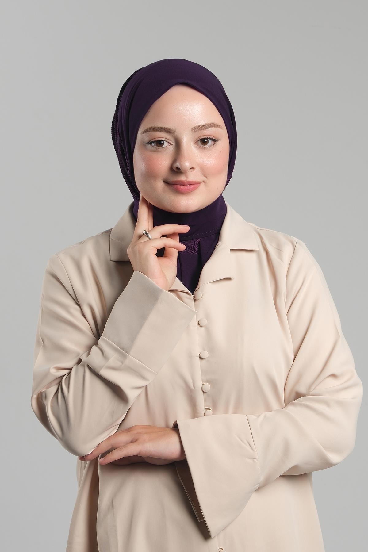 Mürdüm Pratik Hazır Geçmeli Tesettür Eşarp Sandy Arkadan Çıtçıtlı Piliseli Hijab - Hürrem Bone 2406_07