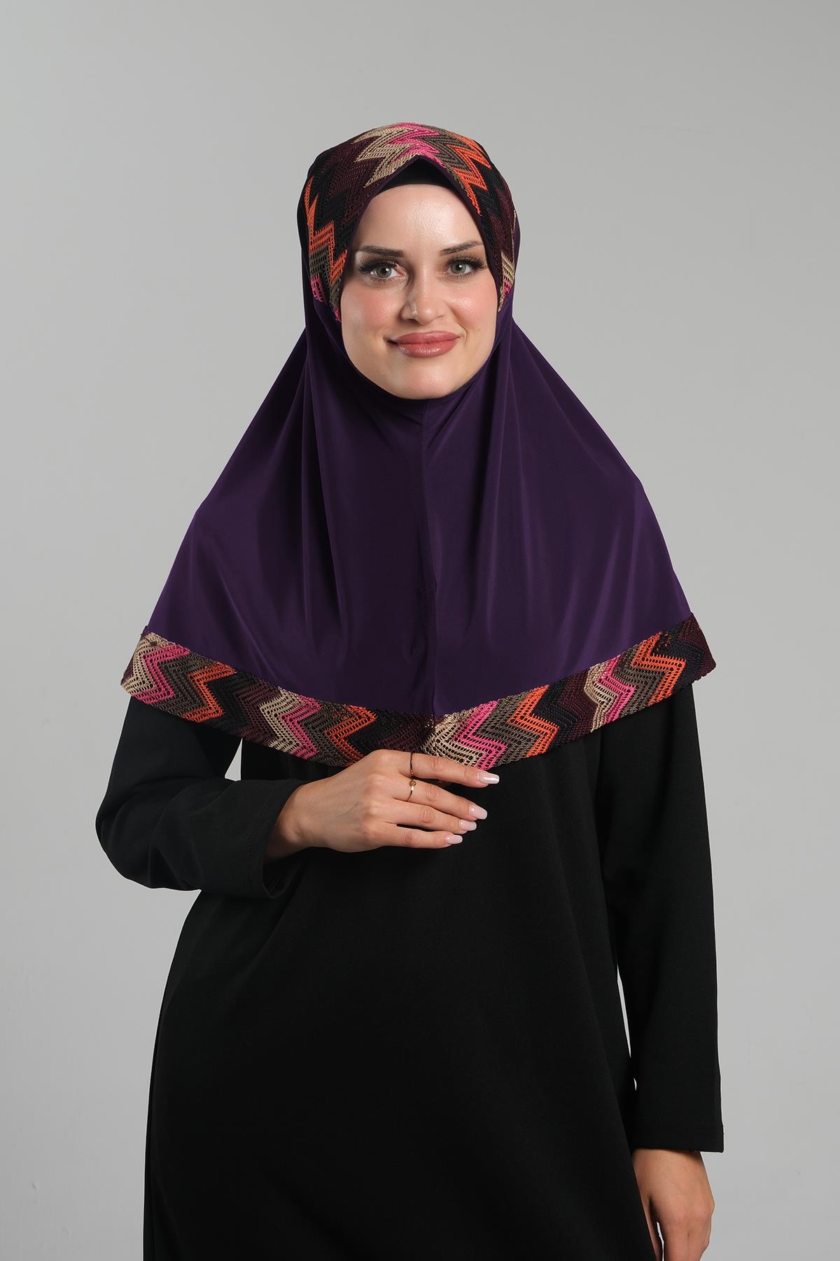 Mürdüm Pratik Hazır Geçmeli Tesettür Eşarp Sandy Renkli Desenli Fileli - Hürrem Bone 2401_07