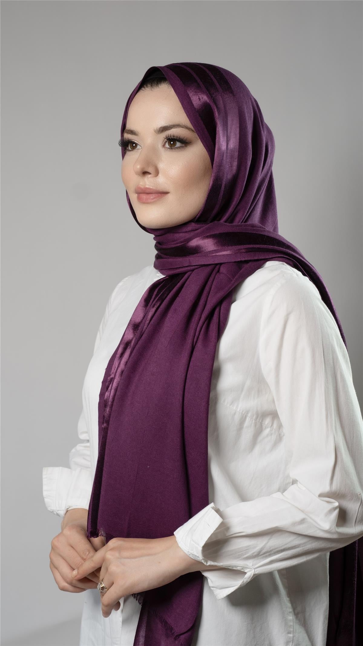 Mürdüm Şerit Çizgili Şal Viskon Kumaş Bursa Dolama - Hürrem Bone 202109_07