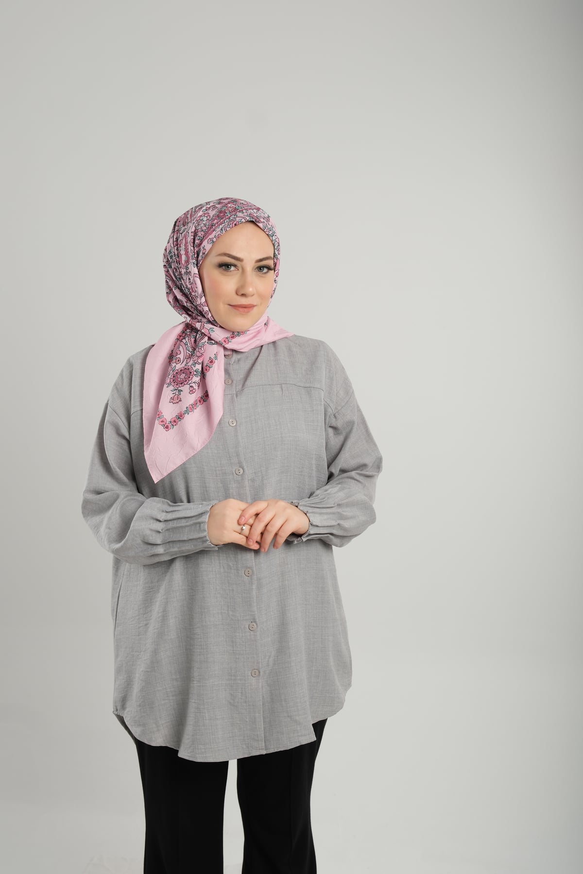 Pembe Desenli Eşarp Bambu Çiçek Dijital Baskılı - Hürrem Bone 202208_04