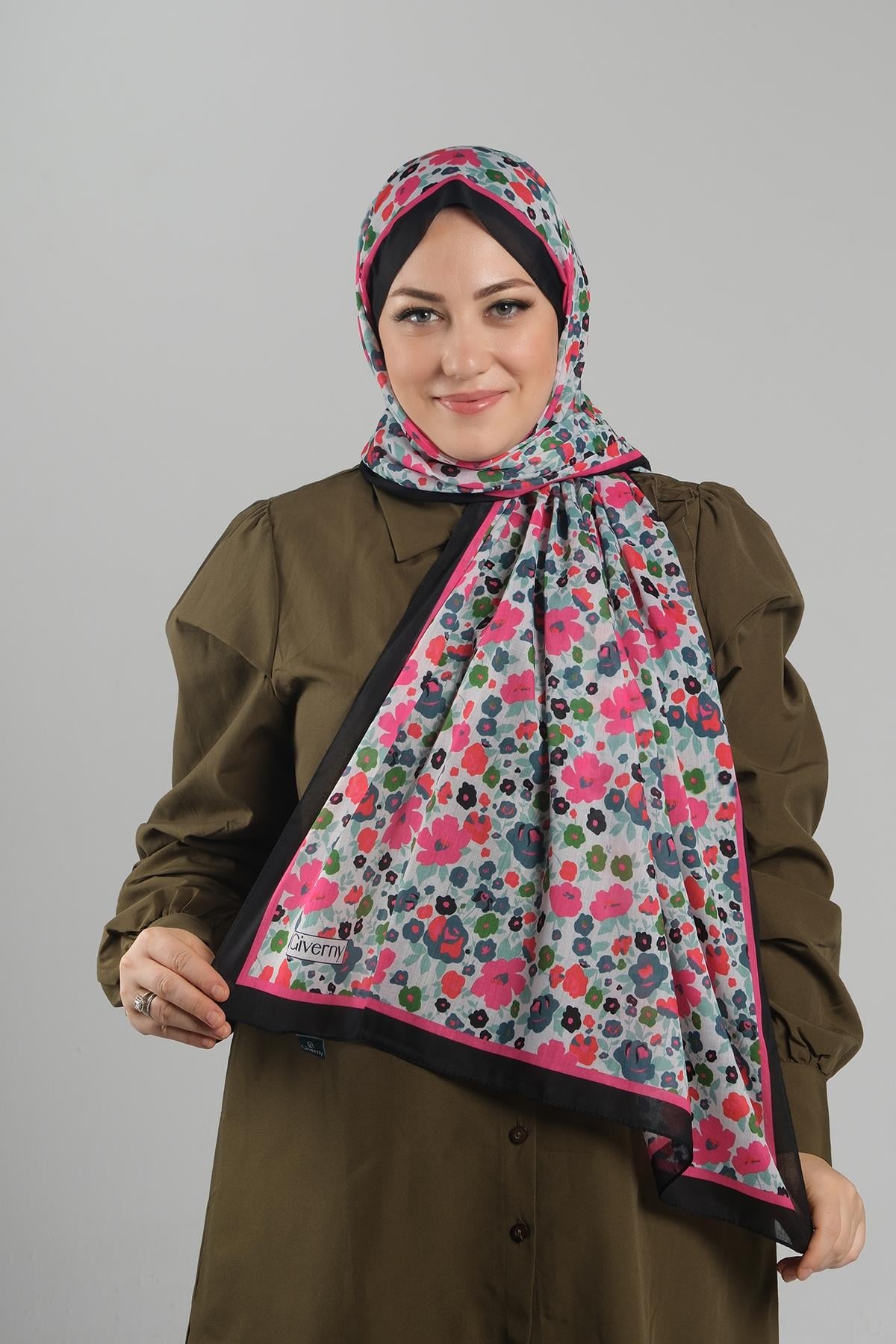 Pembe Desenli Şal Kesik Elyaf Dijital Baskılı Pamuksu Çiçek - Hürrem Bone 202113_04