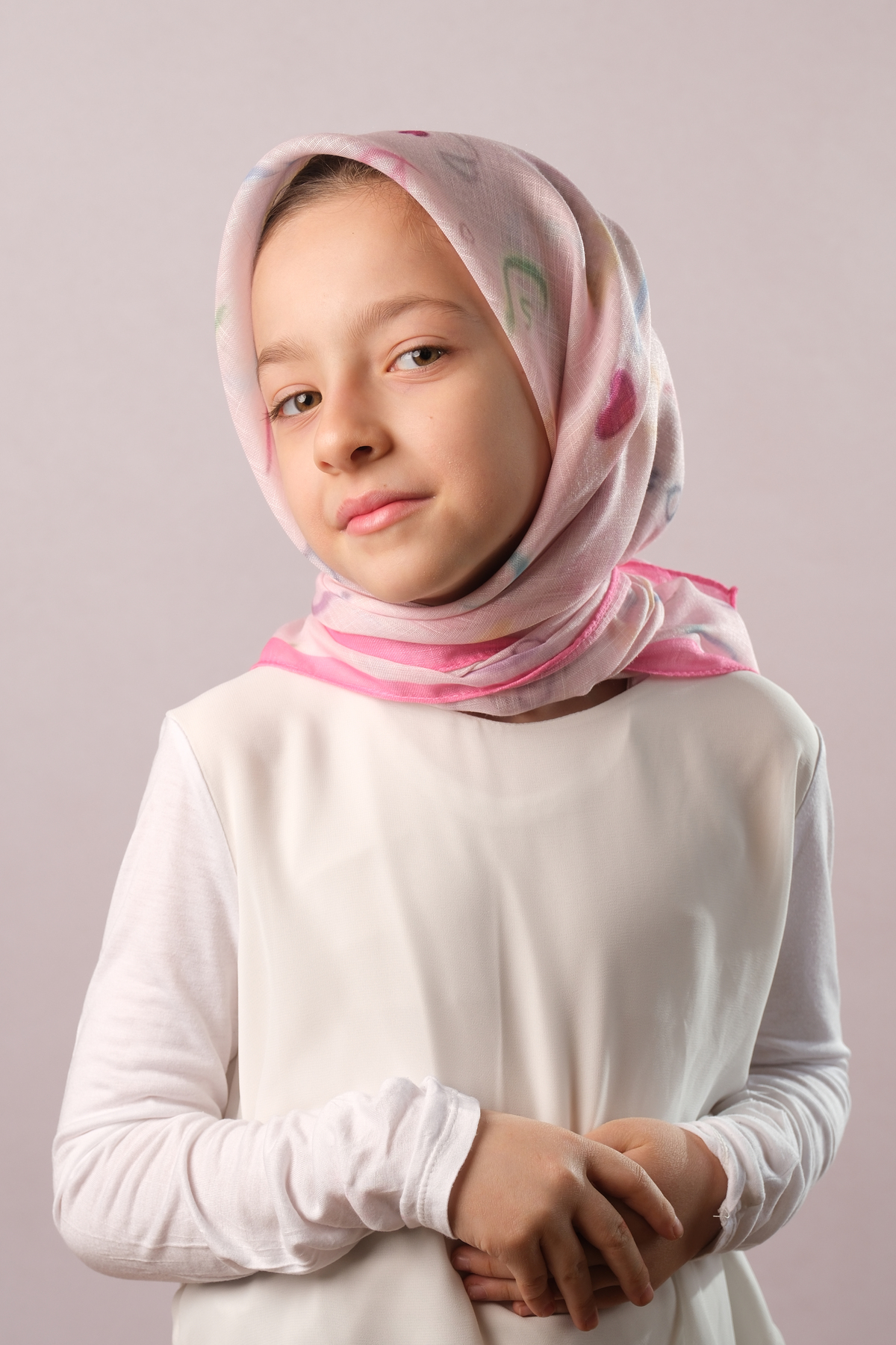 Pembe Dijital Baskılı Çocuk Tesettür Eşarp Pamuk Polyester Kalp Desenli - Hürrem Bone 6002_04