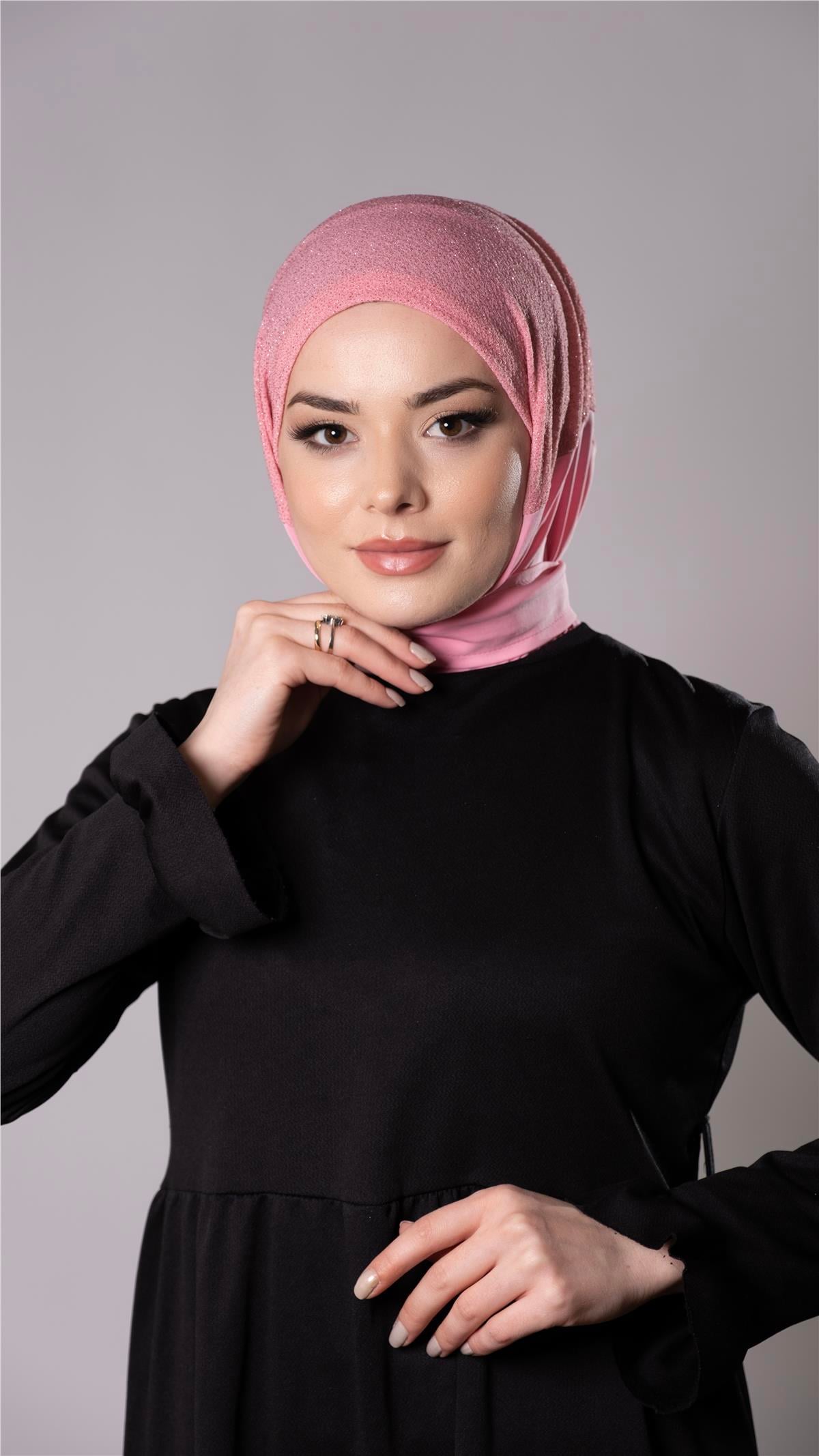Pembe Pratik Hazır Geçmeli Tesettür Eşarp Sandy Kumaş Arkadan Çıtçıtlı - Hürrem Bone 2206_04