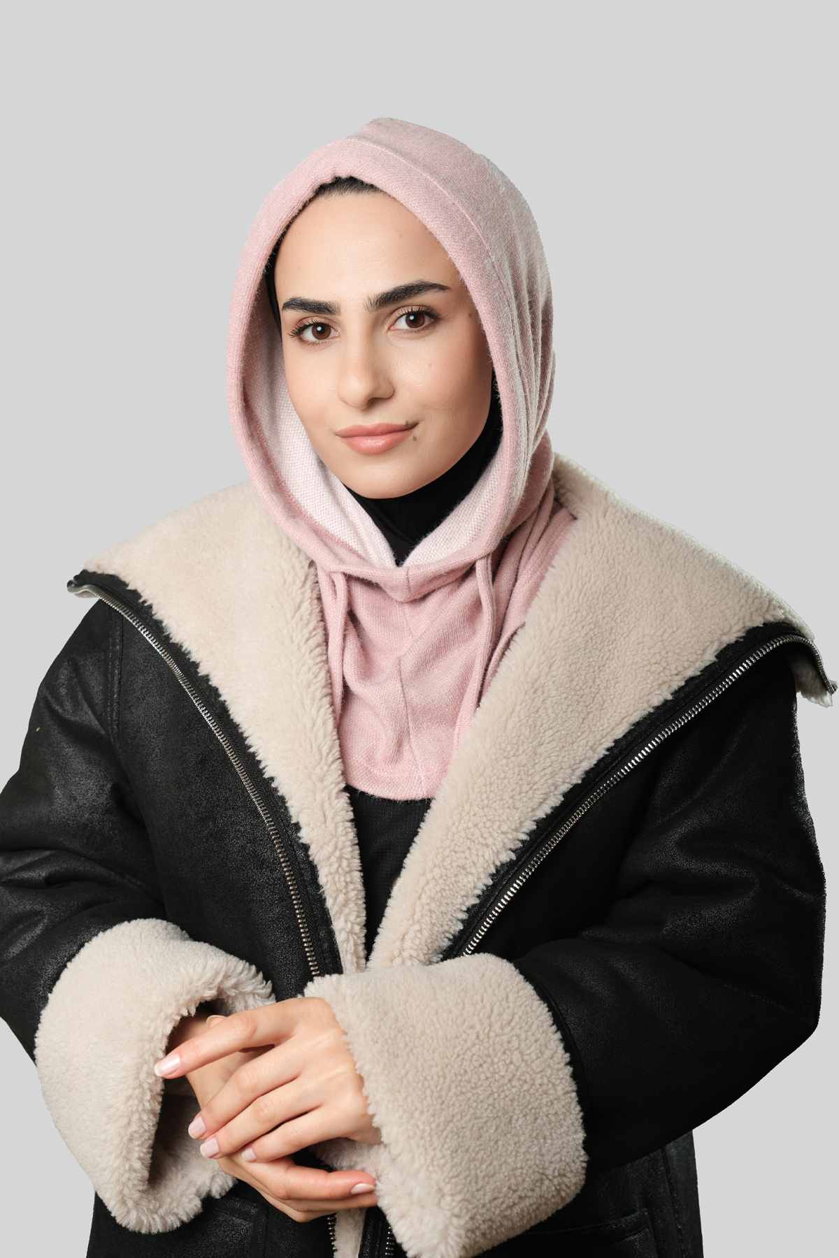 Pudra Bağcıklı Peluş Salaş Balaklava Boyunluklu Bere Jakar Düz - Hürrem Bone 2328_06