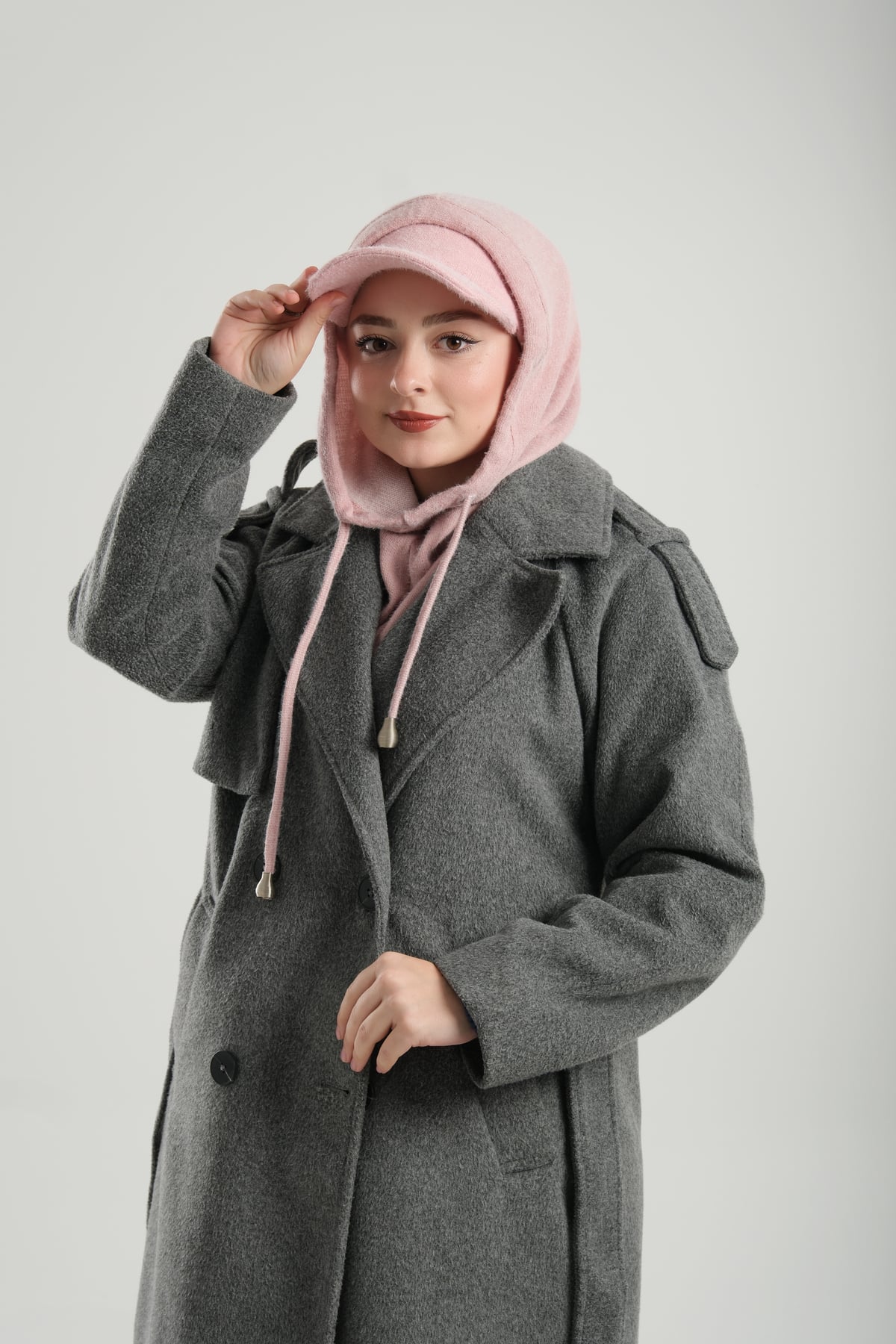 Pudra Bağcıklı Peluş Salaş Şapkalı Balaklava Boyunluklu Bere Jakar Düz - Hürrem Bone 2332_06
