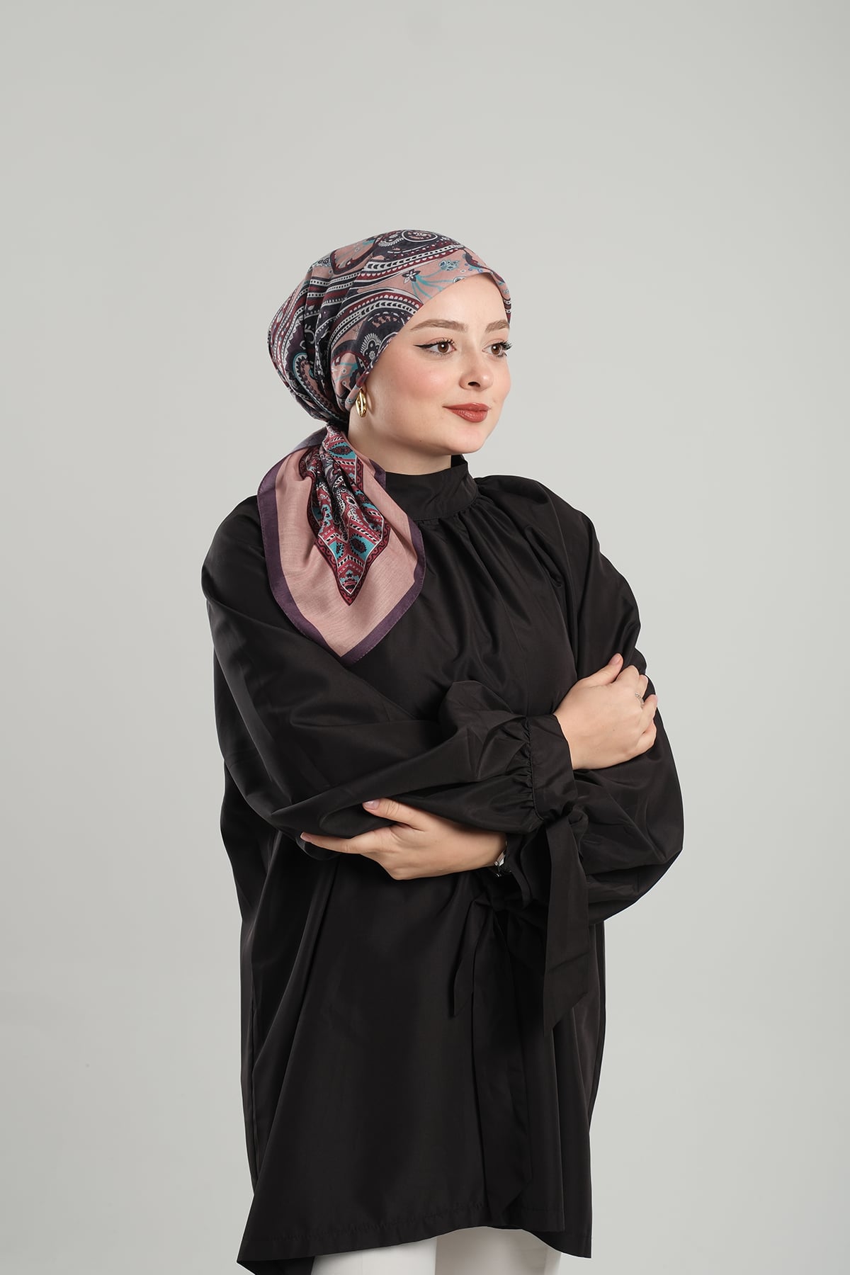 Pudra Desenli Eşarp Kesik Elyaf Pamuksu Etnik Dijital Baskılı - Hürrem Bone 202203_06