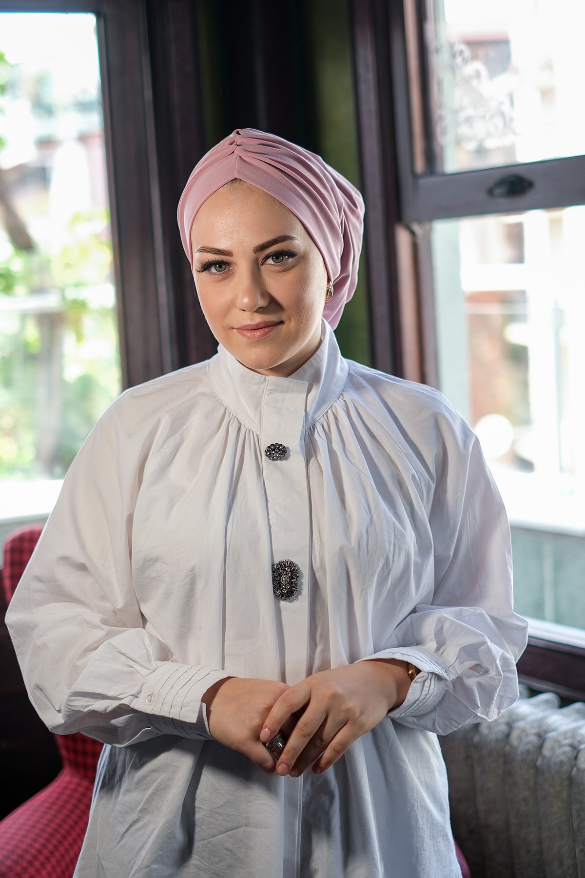 Pudra Drapeli Salaş Tesettür Bone Sandy Büzgülü - Hürrem Bone 2315_06