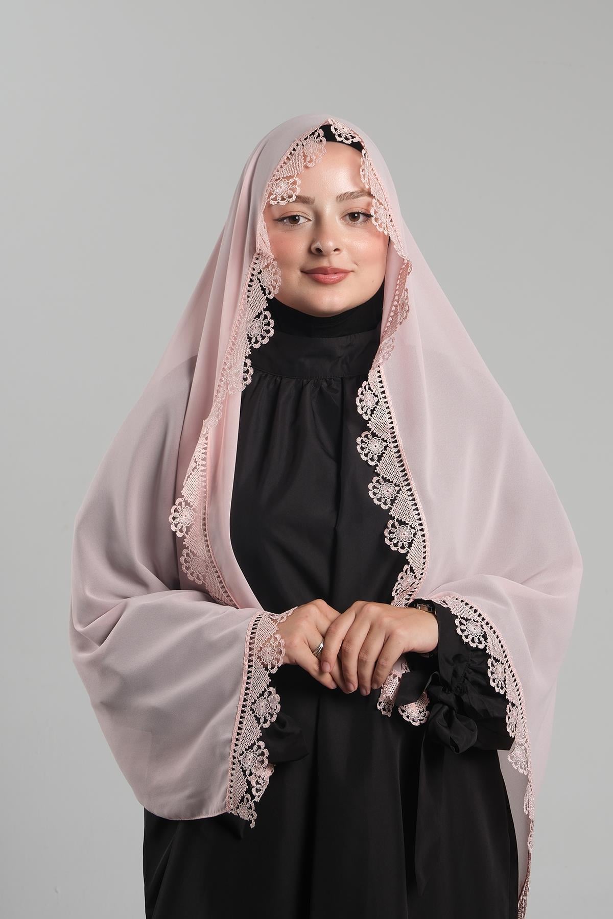 Pudra Namaz Başörtüsü Şal Şifon Kumaş Güpürlü - Hürrem Bone 202106_06