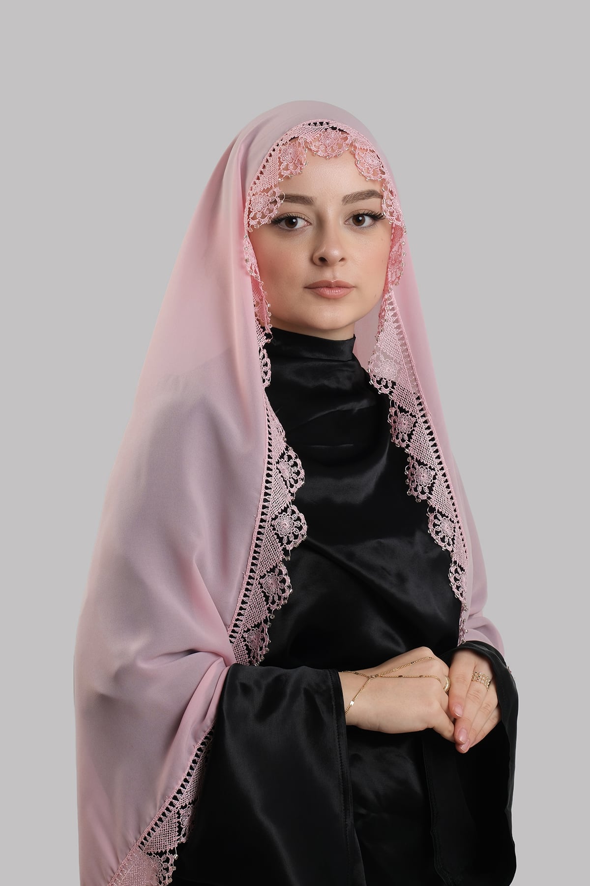 Pudra Nikah Namaz Başörtüsü Şal Şifon Boncuklu Güpürlü - Hürrem Bone 202131_06
