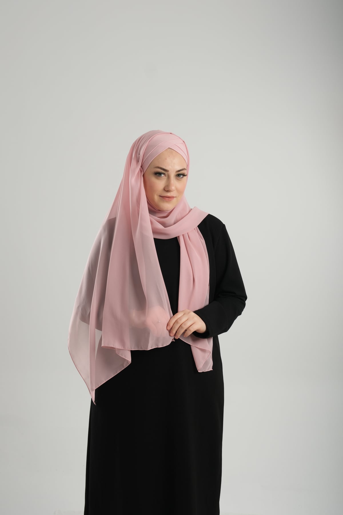 Pudra Pratik Hazır Geçmeli Bone Şal Şifon Geçmeli İki Bantlı Çapraz - Hürrem Bone 1460_06