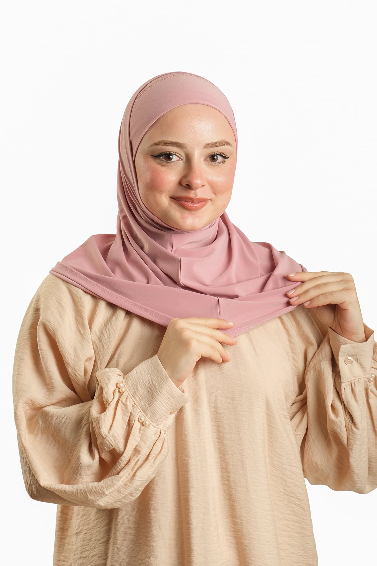 Pudra Pratik Hazır Geçmeli Boru Boneli İkili Tesettür Eşarp Sandy Düz - Hürrem Bone 2501_06