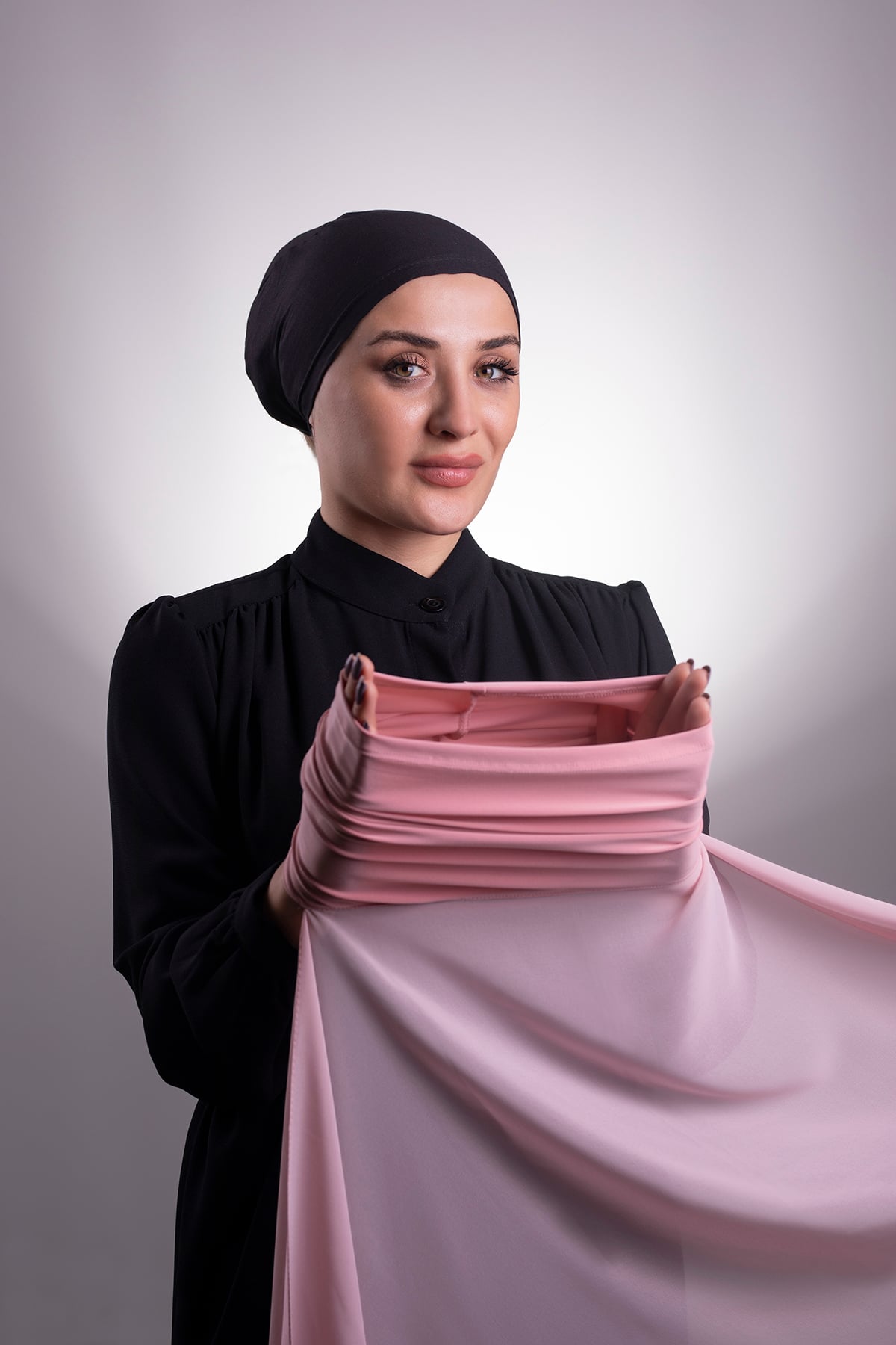 Pudra Pratik Hazır Geçmeli Şal Şifon Boru Boneli - Halven 3001