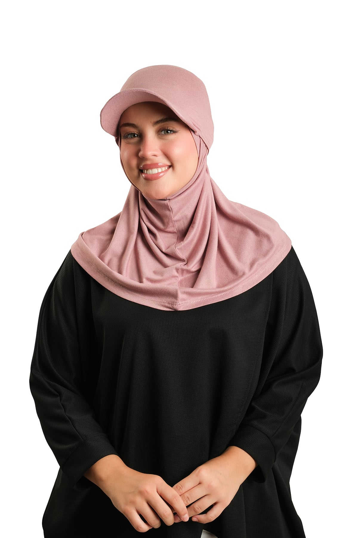 Pudra Pratik Hazır Geçmeli Şapkalı Tesettür Eşarp Viskon Düz - Hürrem Bone 2513_06