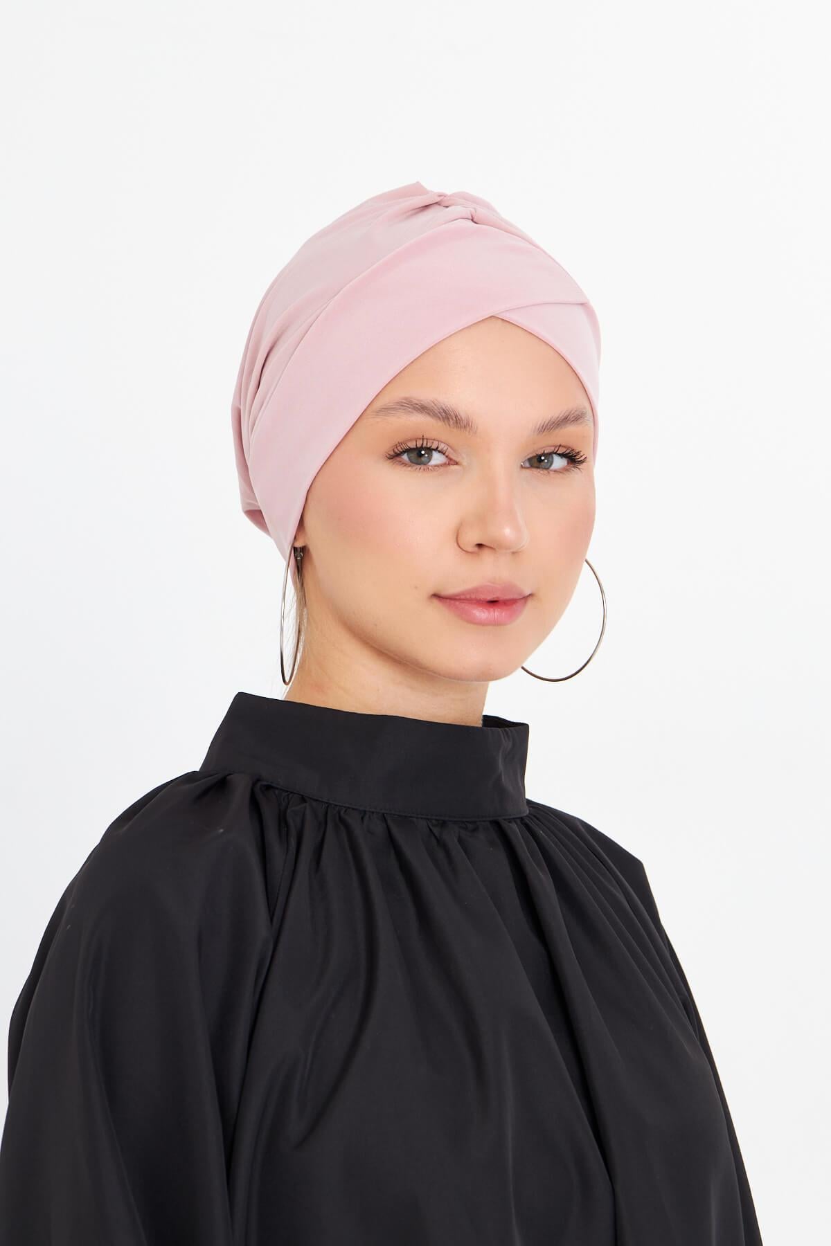 Pudra Pratik Hazır Geçmeli Tesettür Bone Sandy Kumaş Çapraz Büzgülü - Hürrem Bone 1801_06