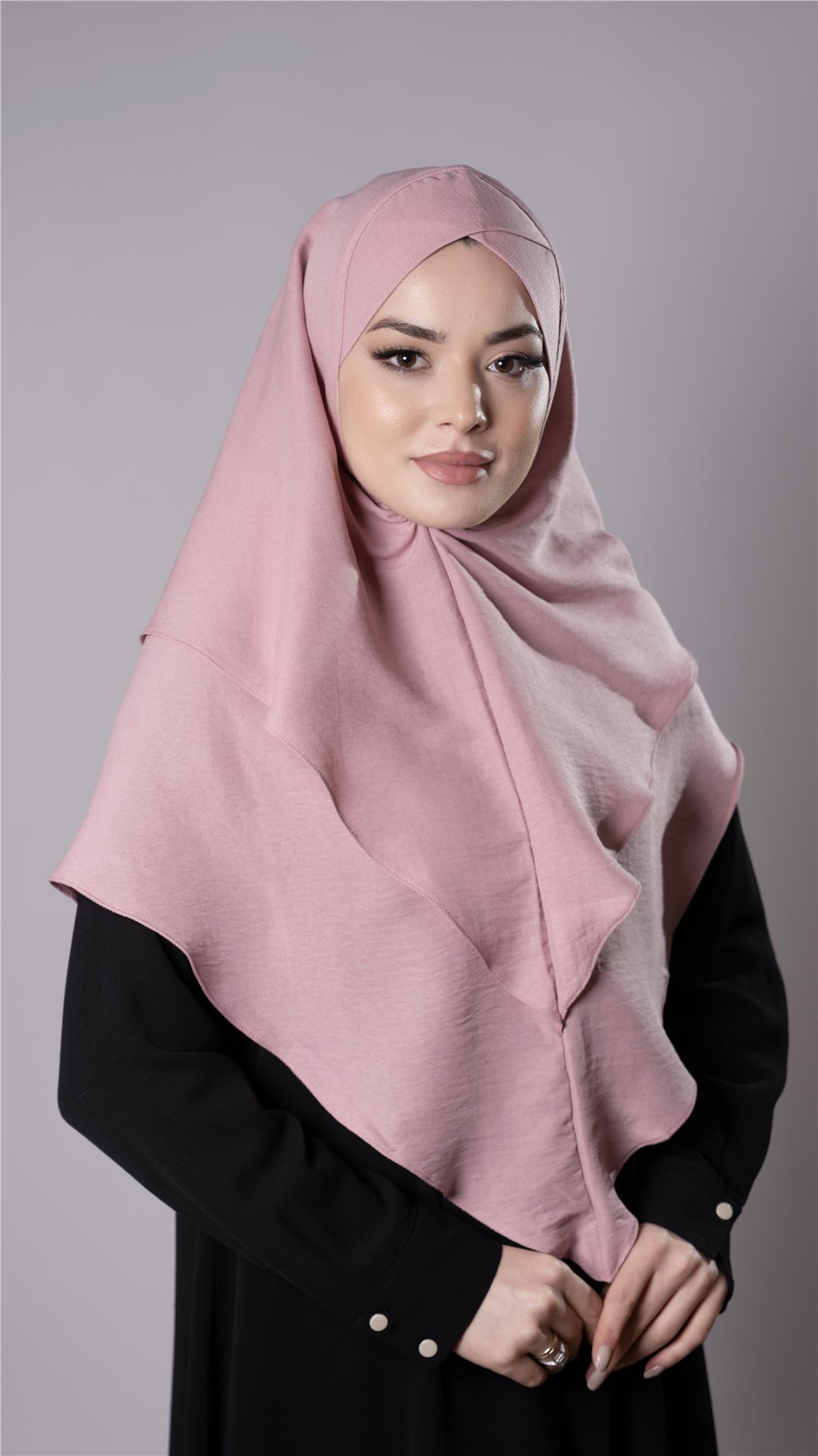 Pudra Pratik Hazır Geçmeli Tesettür Eşarp Pamuk Caz Kumaş Çift Katlı Çapraz Hijab - Hürrem Bone 2304_06
