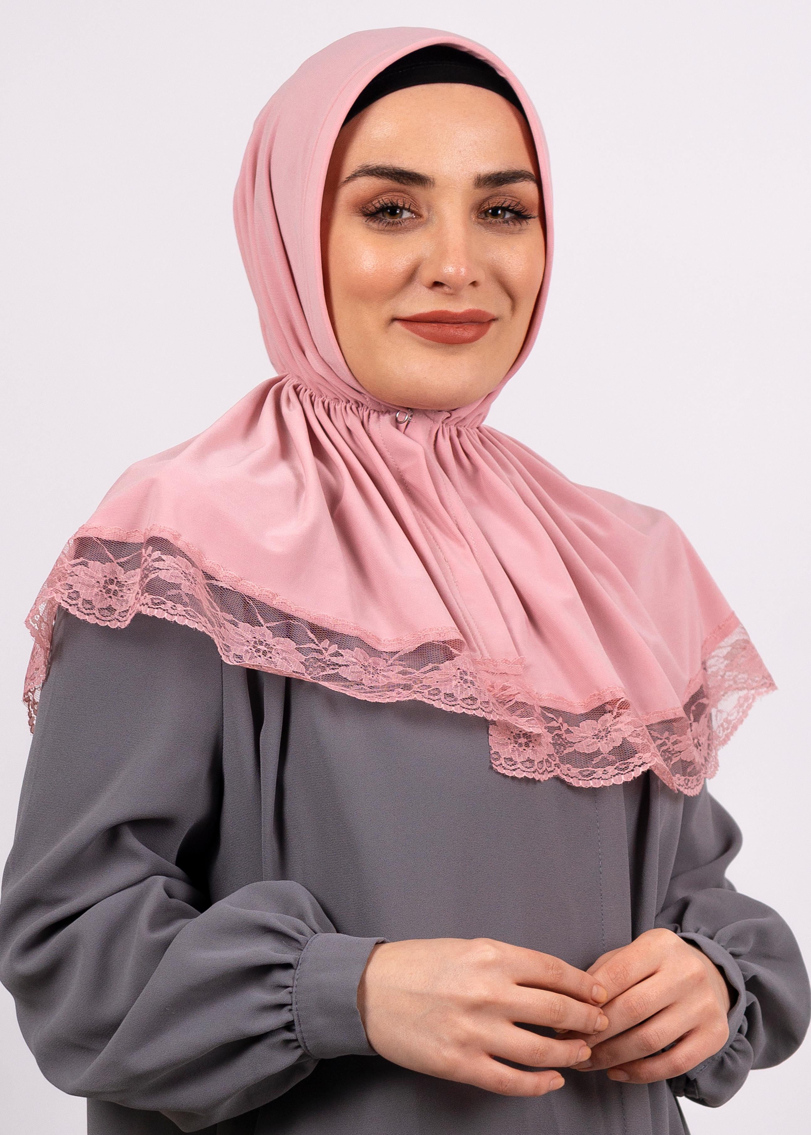 Pudra Pratik Hazır Geçmeli Tesettür Eşarp Viskon Kumaş Çıtçıtlı Dantelli - Hürrem Bone 2105_06