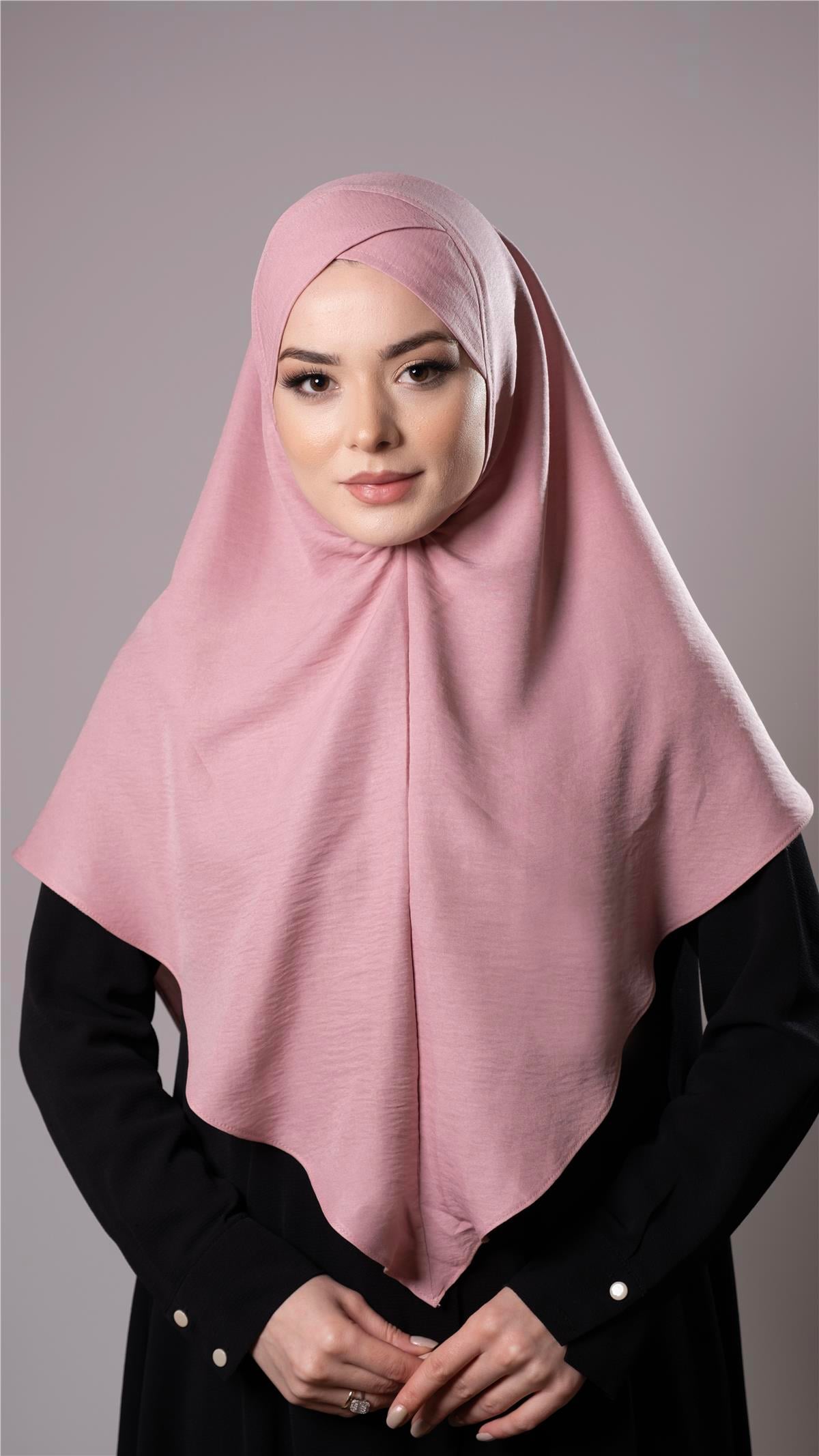 Pudra Pratik Hazır Geçmeli Tesettür Eşarp Pamuk Caz Kumaş Tek Katlı Çapraz Hijab - Hürrem Bone 2305_06