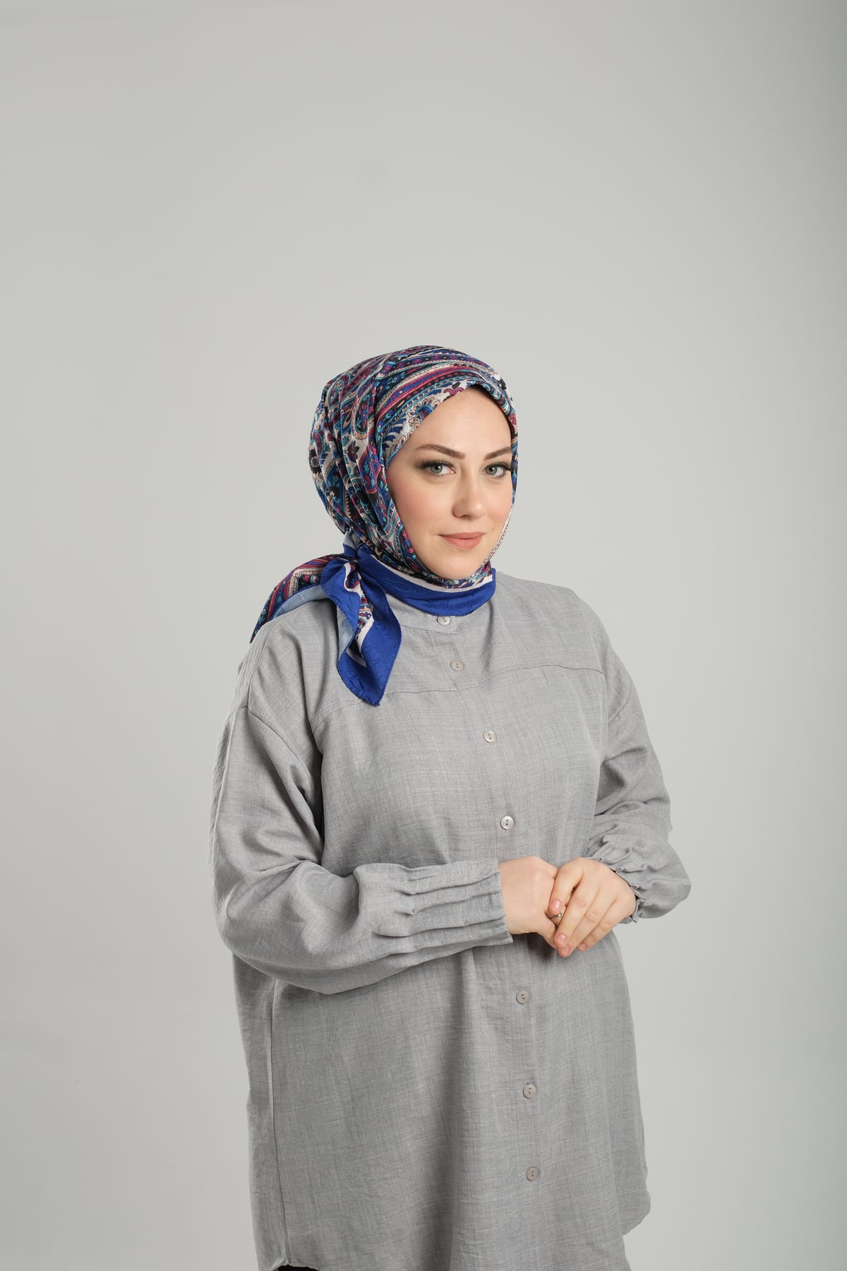 Saks Mavisi Desenli Eşarp Bambu Etnik Çiçek Dijital Baskılı - Hürrem Bone 202202_24