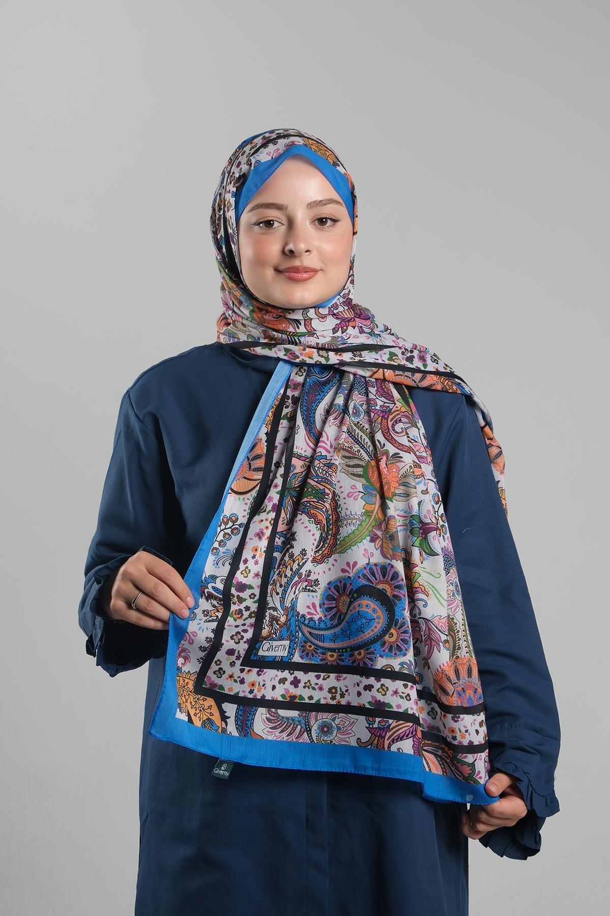 Saks Mavisi Desenli Şal Kesik Elyaf Dijital Baskılı Pamuksu Etnik - Hürrem Bone 202114_24