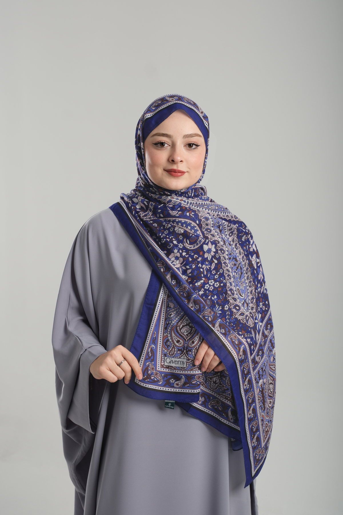 Saks Mavisi Desenli Şal Kesik Elyaf Pamuksu Etnik Dijital Baskılı - Hürrem Bone 202123_24