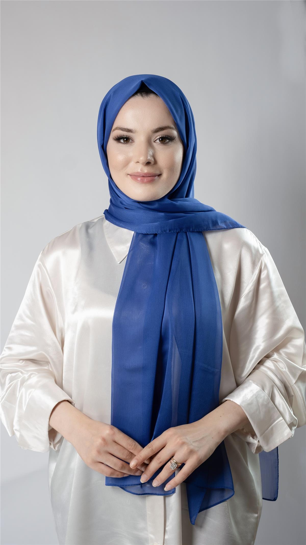 Saks Mavisi Düz Klasik Şal Şifon Kumaş Janjan Abiye - Hürrem Bone 202108_24