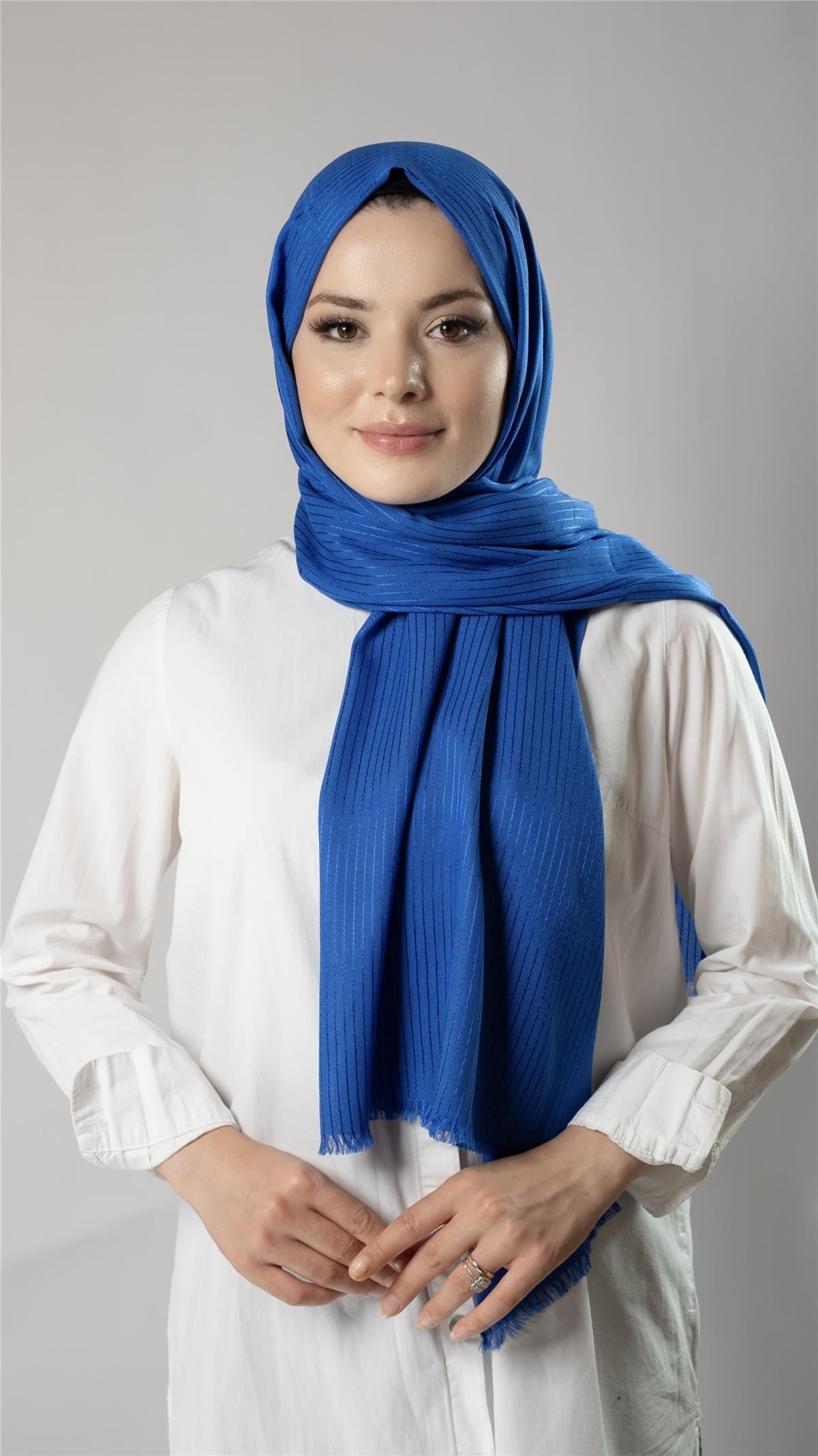Saks Mavisi İnce Çizgili Şal Viskon Kumaş Bursa Dolama - Hürrem Bone 202111_24