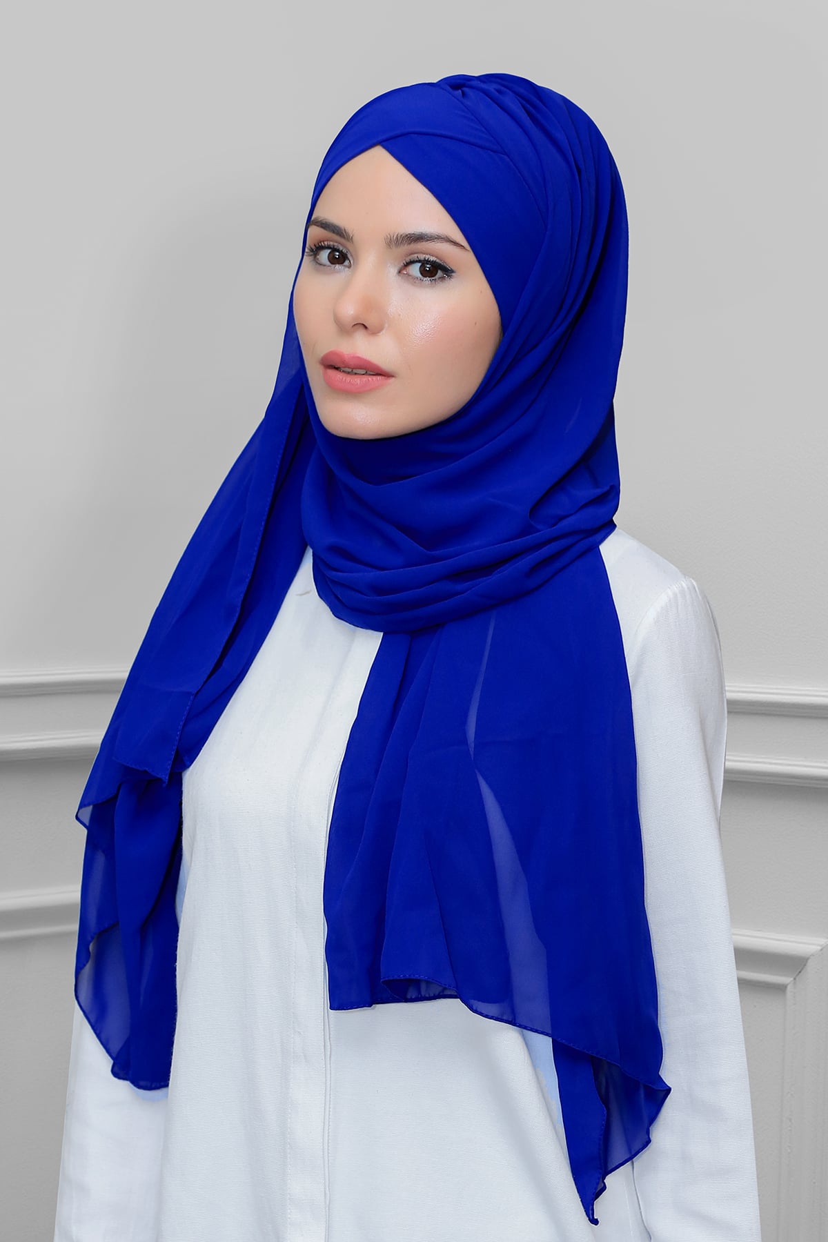 Saks Mavisi Pratik Hazır Geçmeli Bone Şal Şifon Kendinden Topuzlu Tek Bantlı - Hürrem 1453