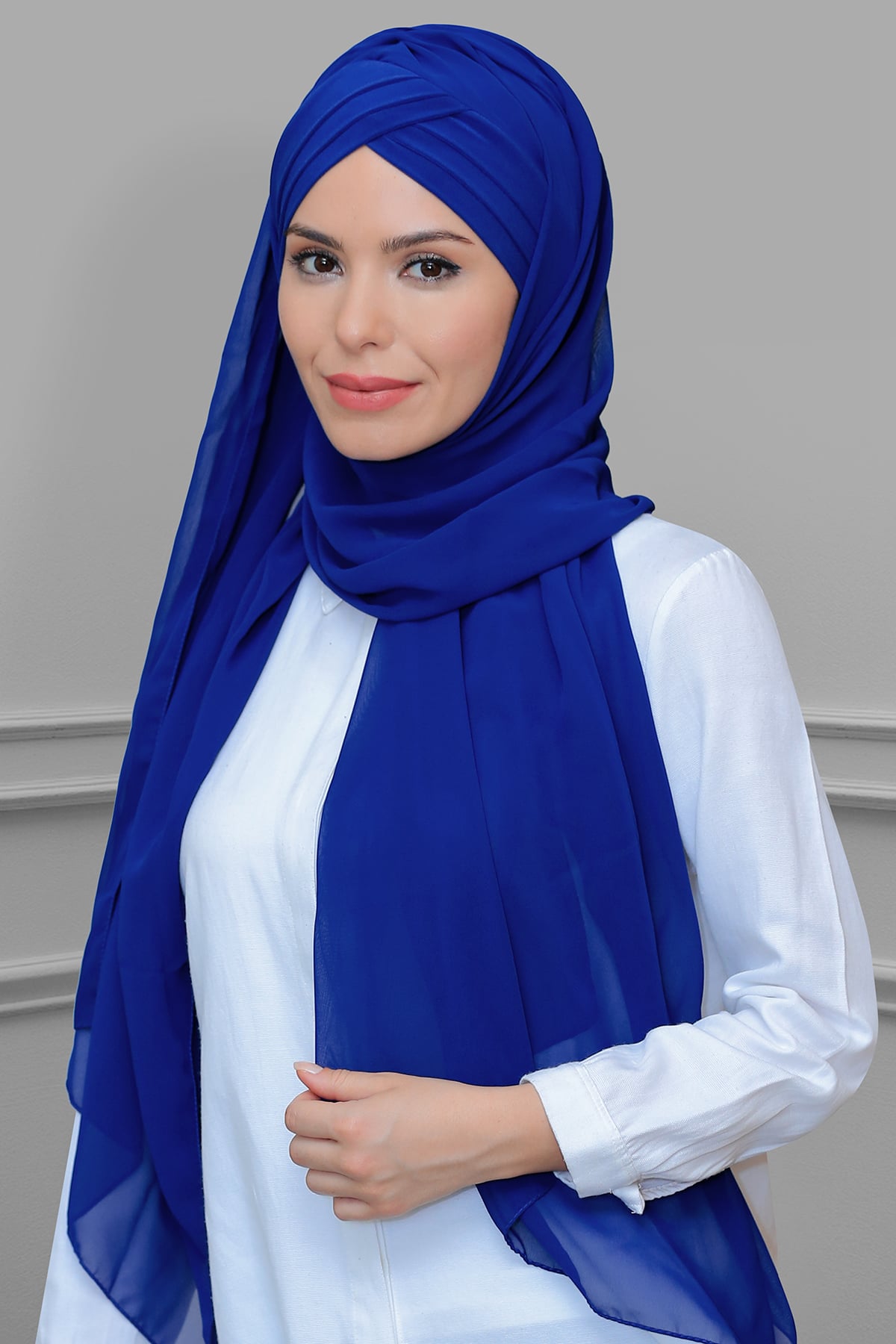Saks Mavisi Pratik Hazır Geçmeli Bone Şal Şifon Kendinden Topuzlu Üç Bantlı - Hürrem 1451