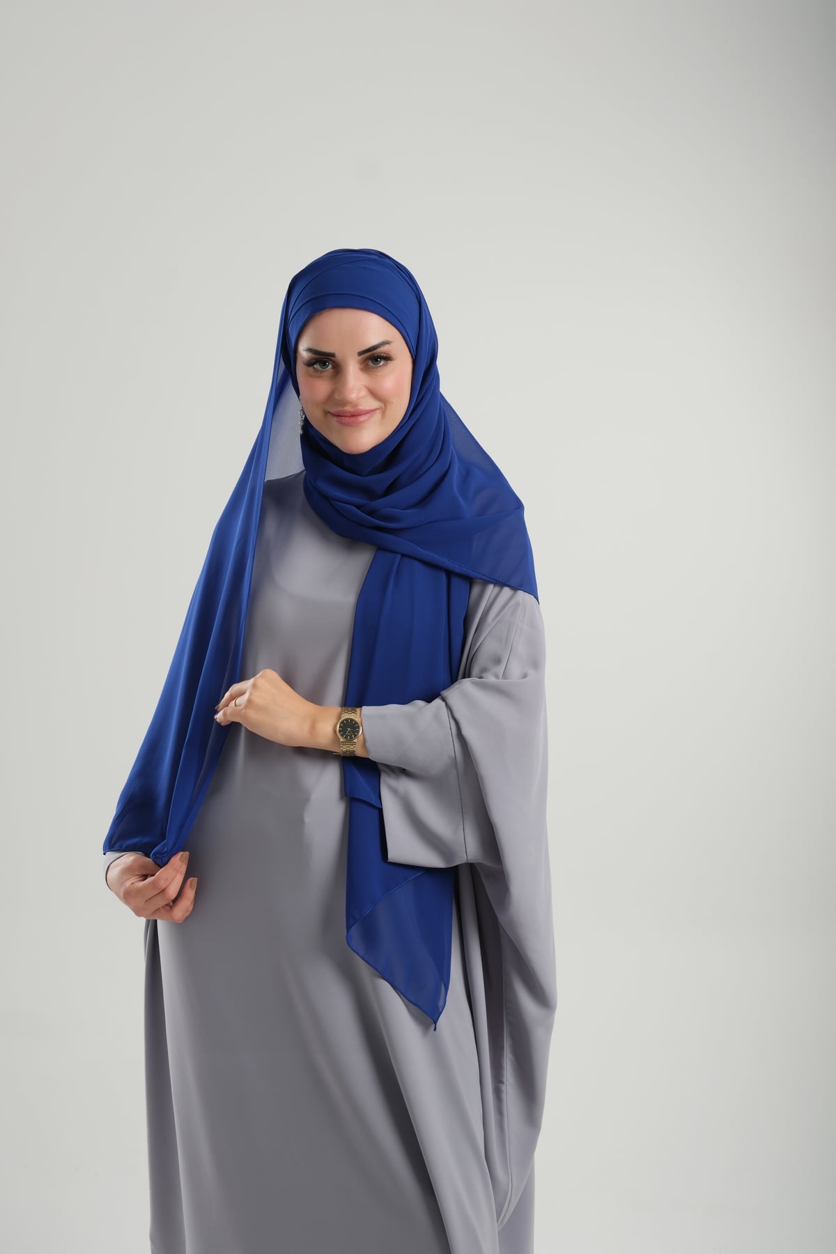 Saks Mavisi Pratik Hazır Geçmeli Bone Şal Şifon Çapraz - Hürrem Bone 2001_24
