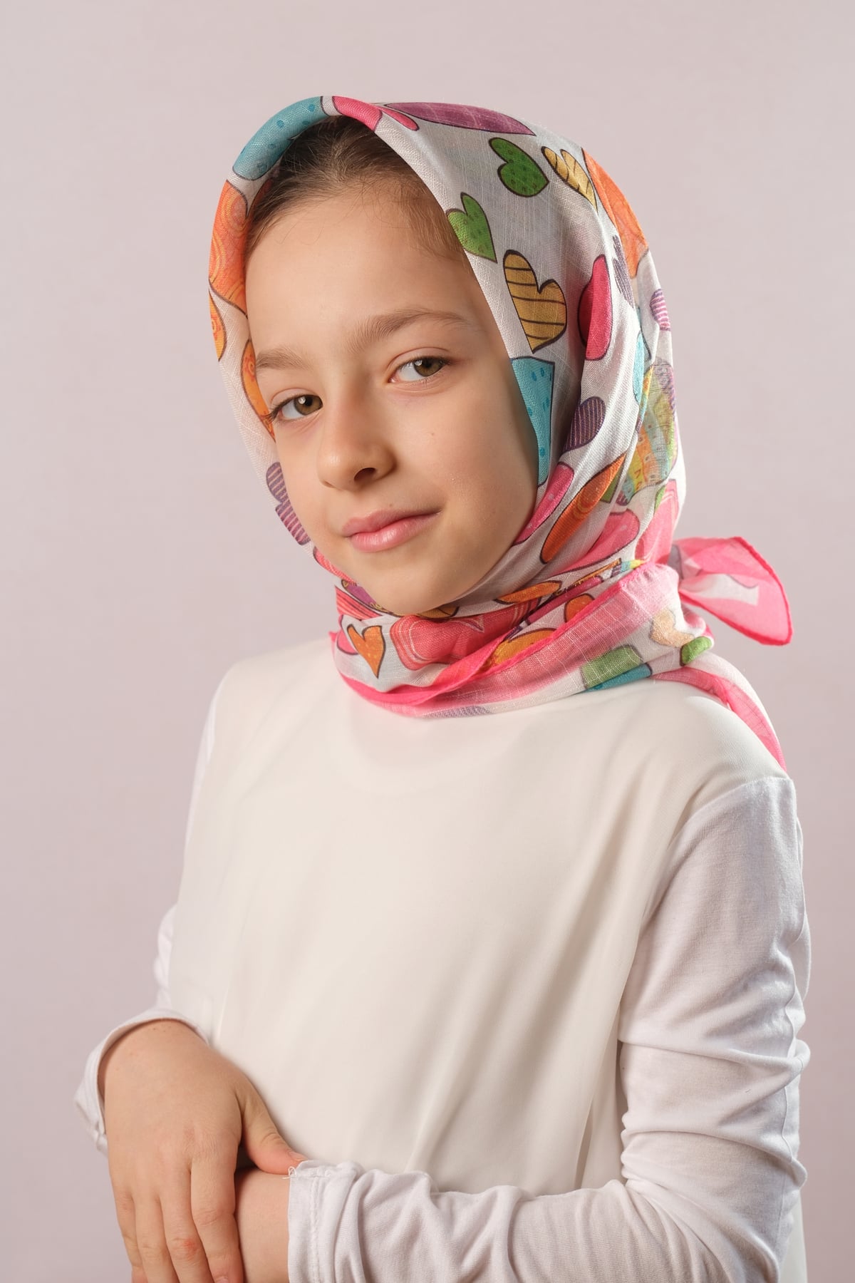 Şarabi Dijital Baskılı Çocuk Tesettür Eşarp Pamuk Polyester Renkli Kalp Desenli - Hürrem Bone 6003_08