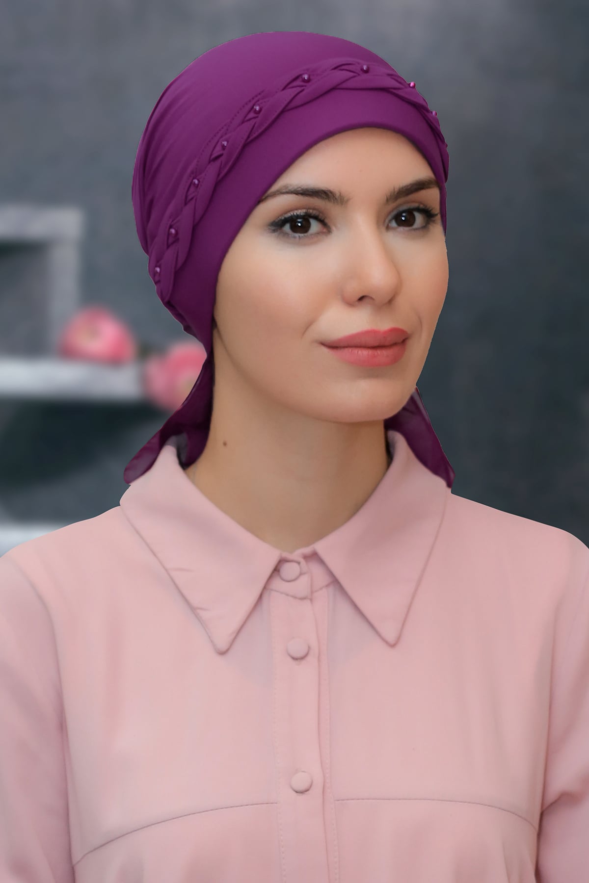 Şarabi Pratik Hazır Geçmeli Tesettür Bone Sandy Kumaş Örgülü Güllü - Hürrem 1203