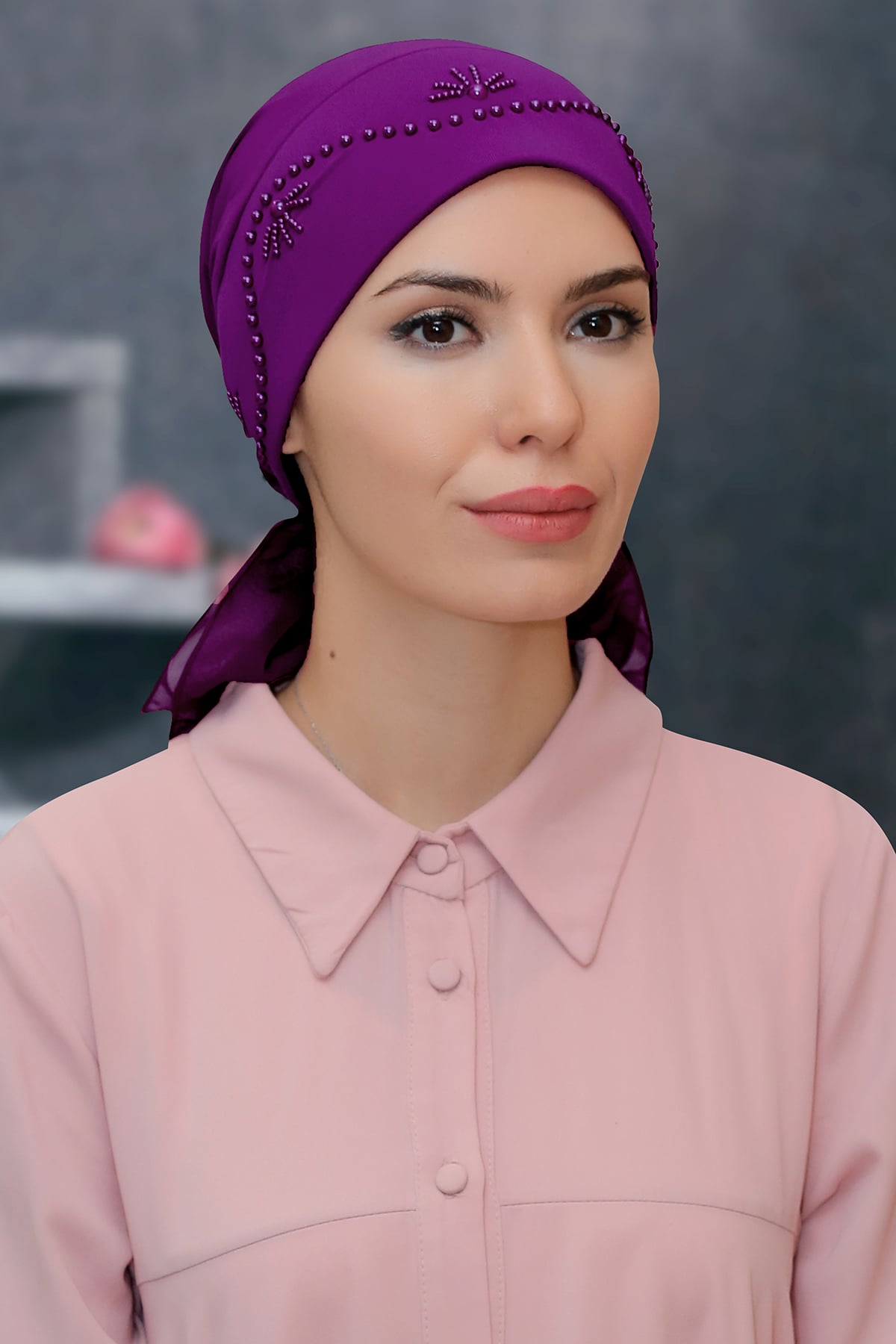 Şarabi Pratik Hazır Geçmeli Tesettür Bone Sandy Kumaş Güllü Boncuklu İşlemeli - Hürrem 1206