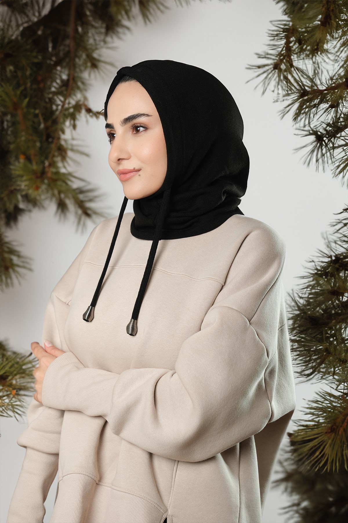 Siyah Bağcıklı Balaklava Boyunluklu Bere Triko Düz - Hürrem Bone 2325_01