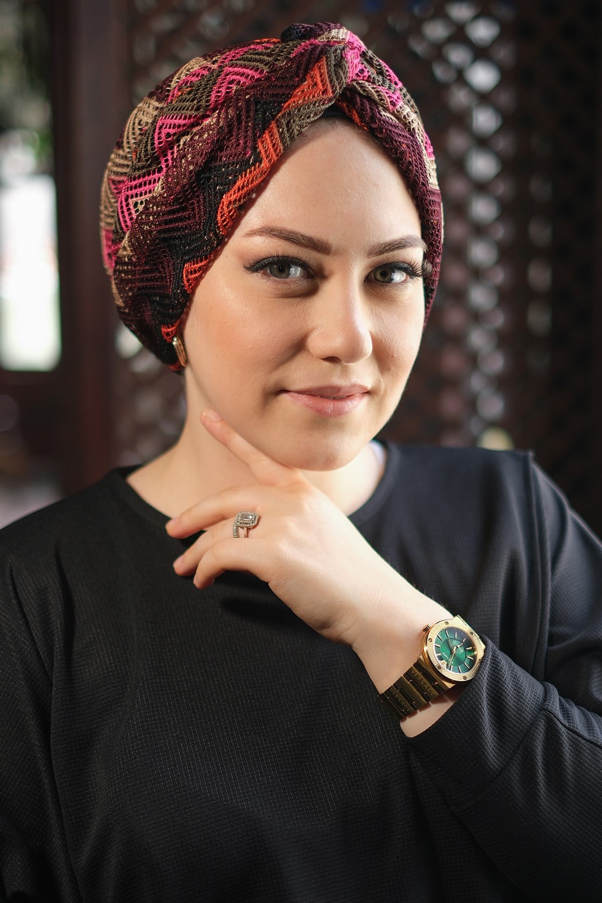 Siyah Büzgülü Salaş Tesettür Bone Örme Desenli Fileli - Hürrem Bone 2403_01