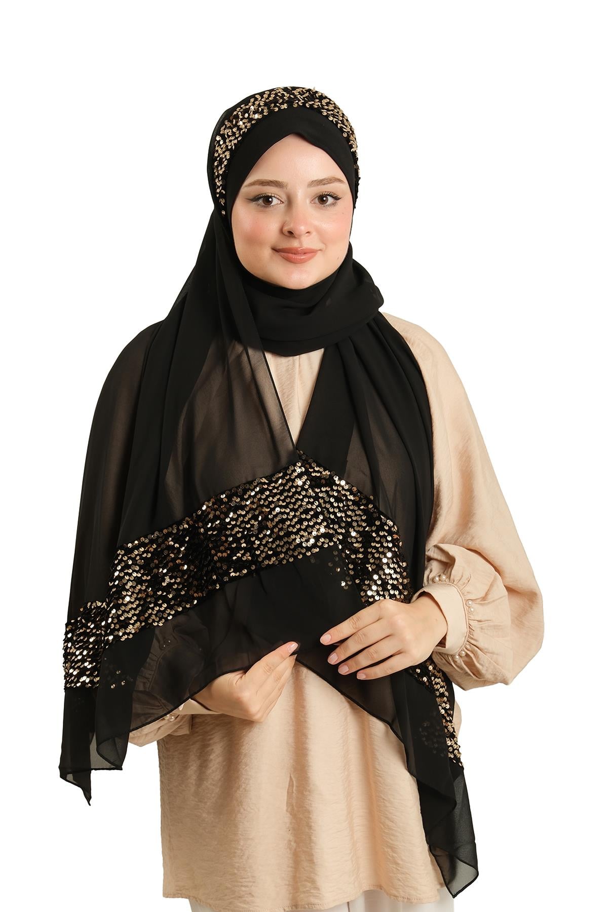 Siyah-Gold Arkadan Bağlamalı Şal Şifon Pullu Çapraz - Hürrem Bone 1912_102