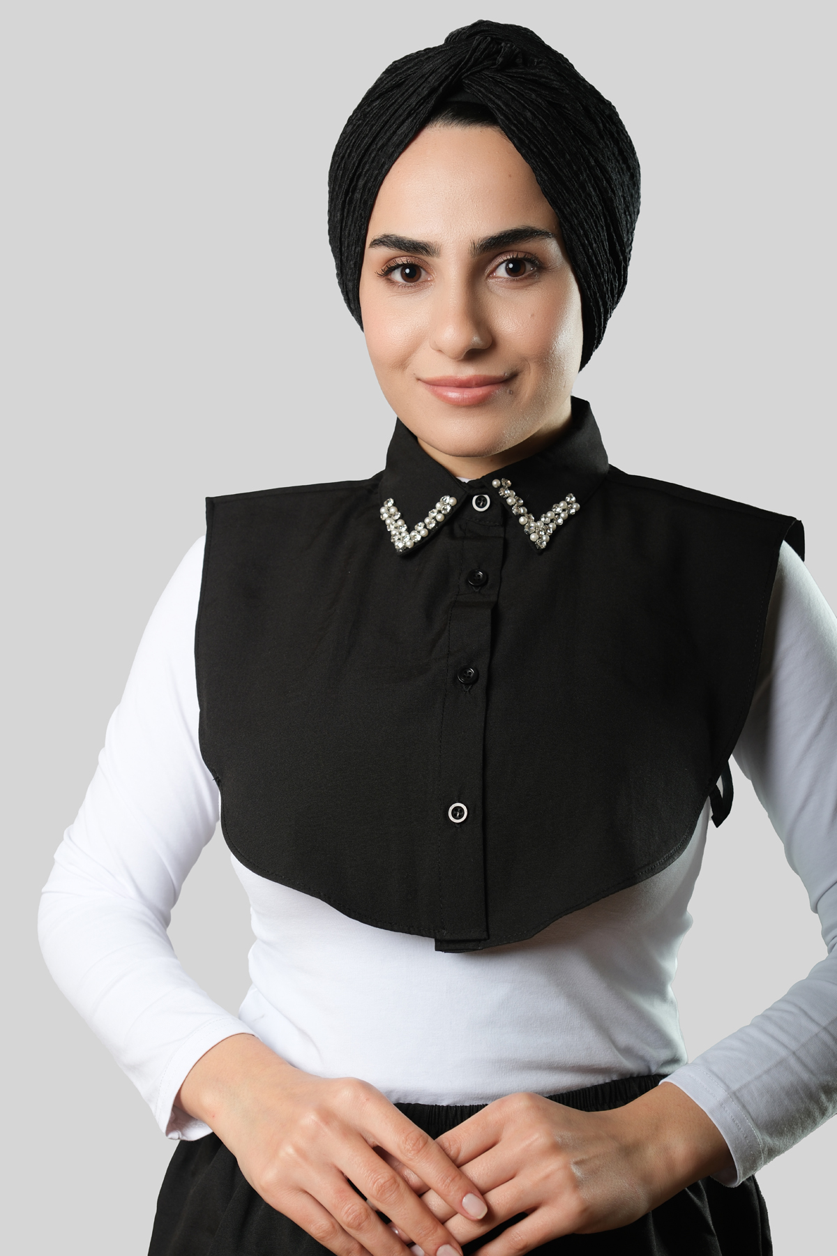 Siyah Gömlek Yakalı Boyunluk Terikoton Taşlı İncili - Hürrem Bone 1022_01